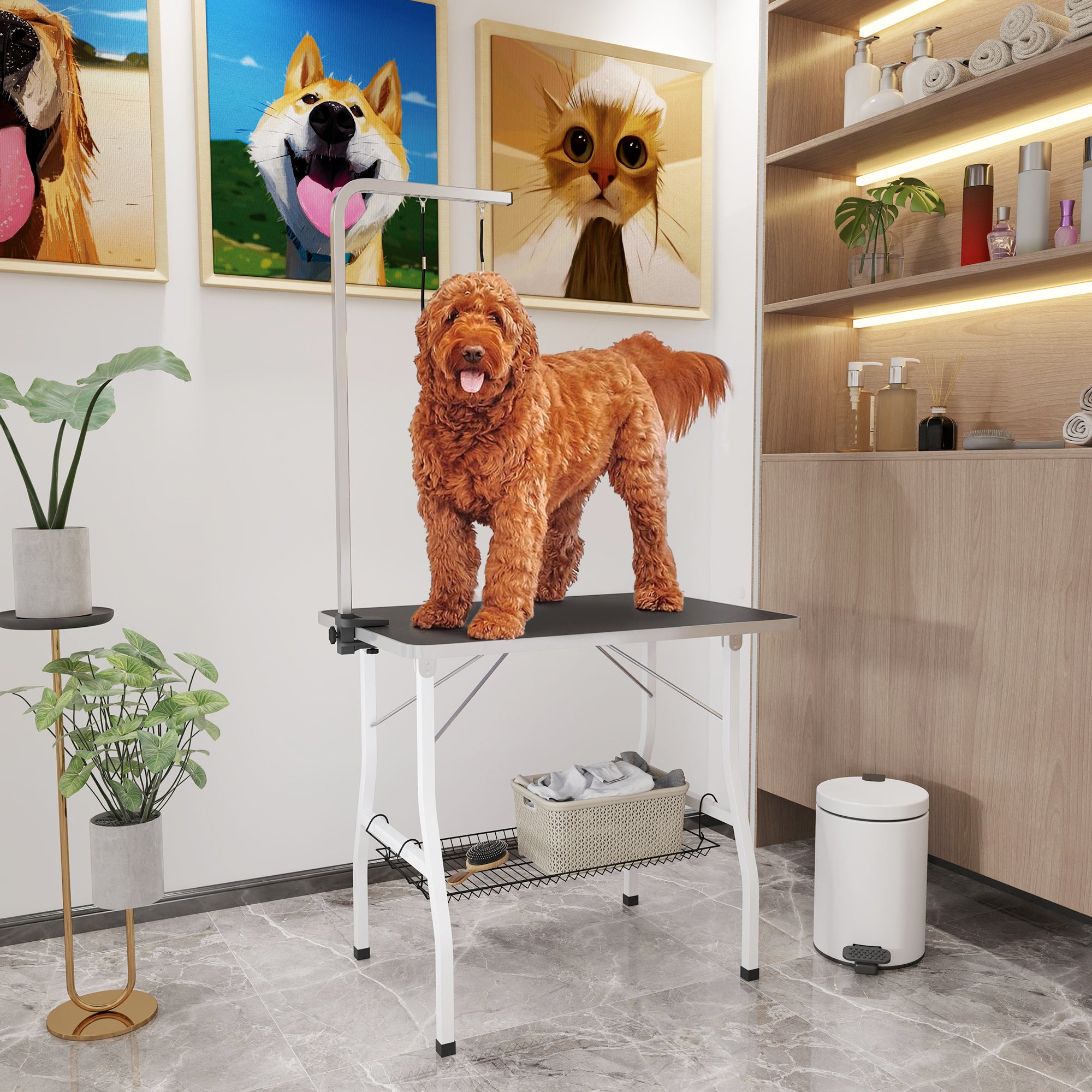 pawhut-table-de-toilettage-35-x24-x61-noire-bras-r-glable-plateau-caoutchouc-et- image 3