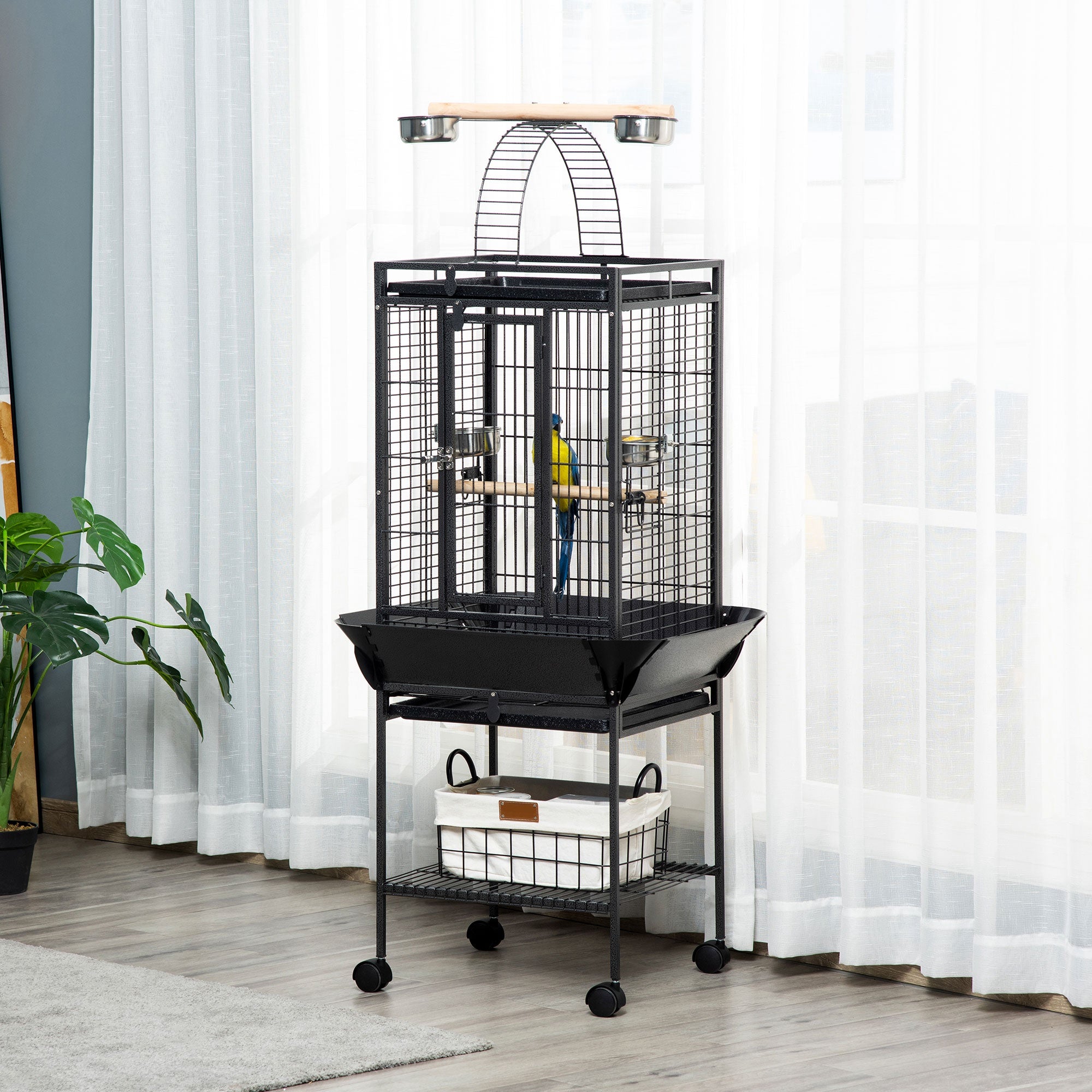pawhut-cage-voli-re-156-cm-avec-toit-de-jeu-bacs-faciles-et-roulettes image 4