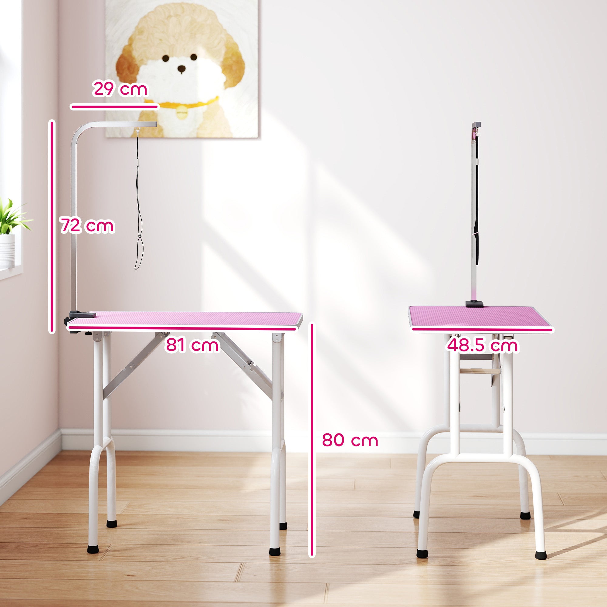 pawhut-table-de-toilettage-pliante-81-cm-rose-avec-bras-r-glable-et-dessus-antid image 5