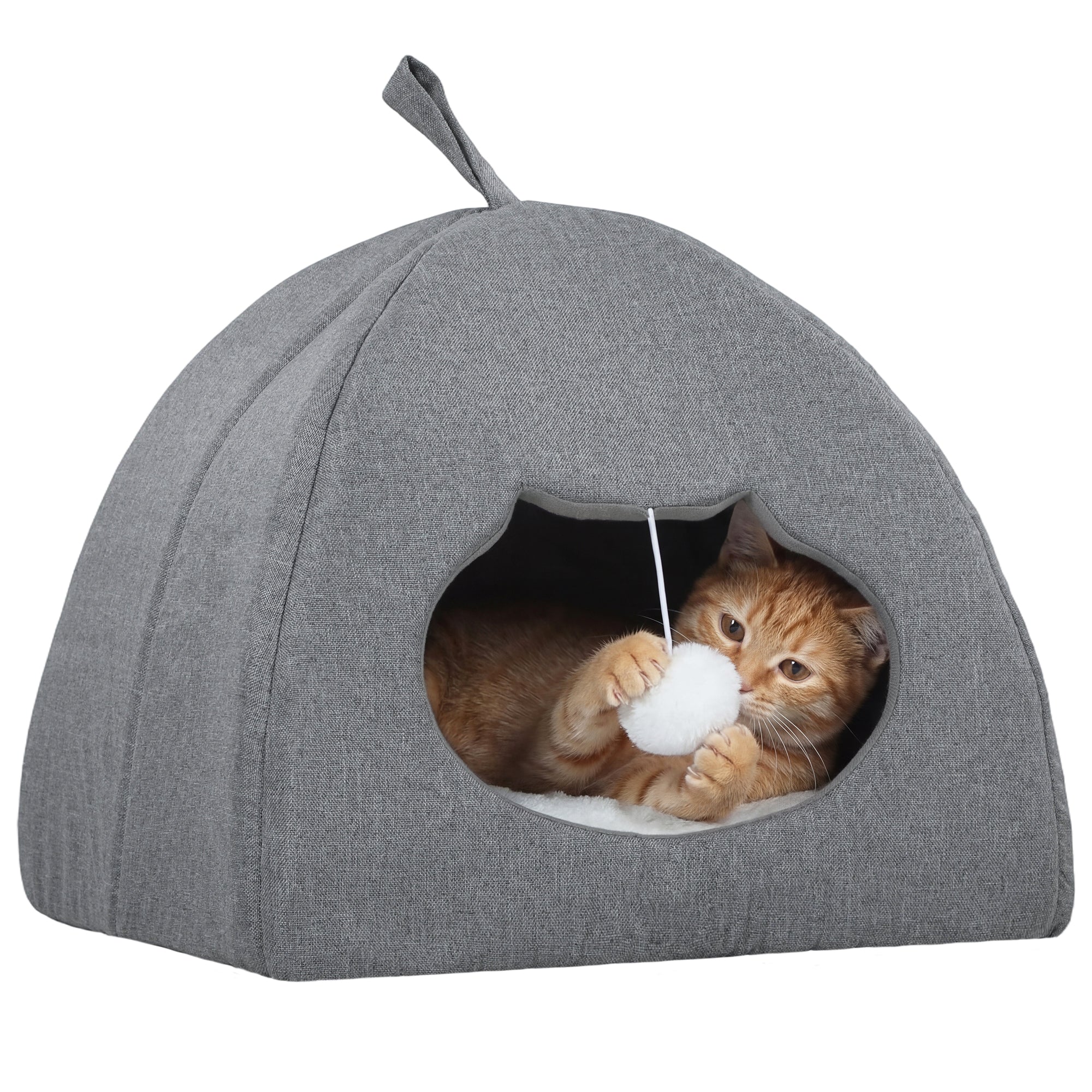 pawhut-grotte-lit-chat-42-x-42-x-39-cm-avec-coussin-r-versible-et-balle-gris image 1