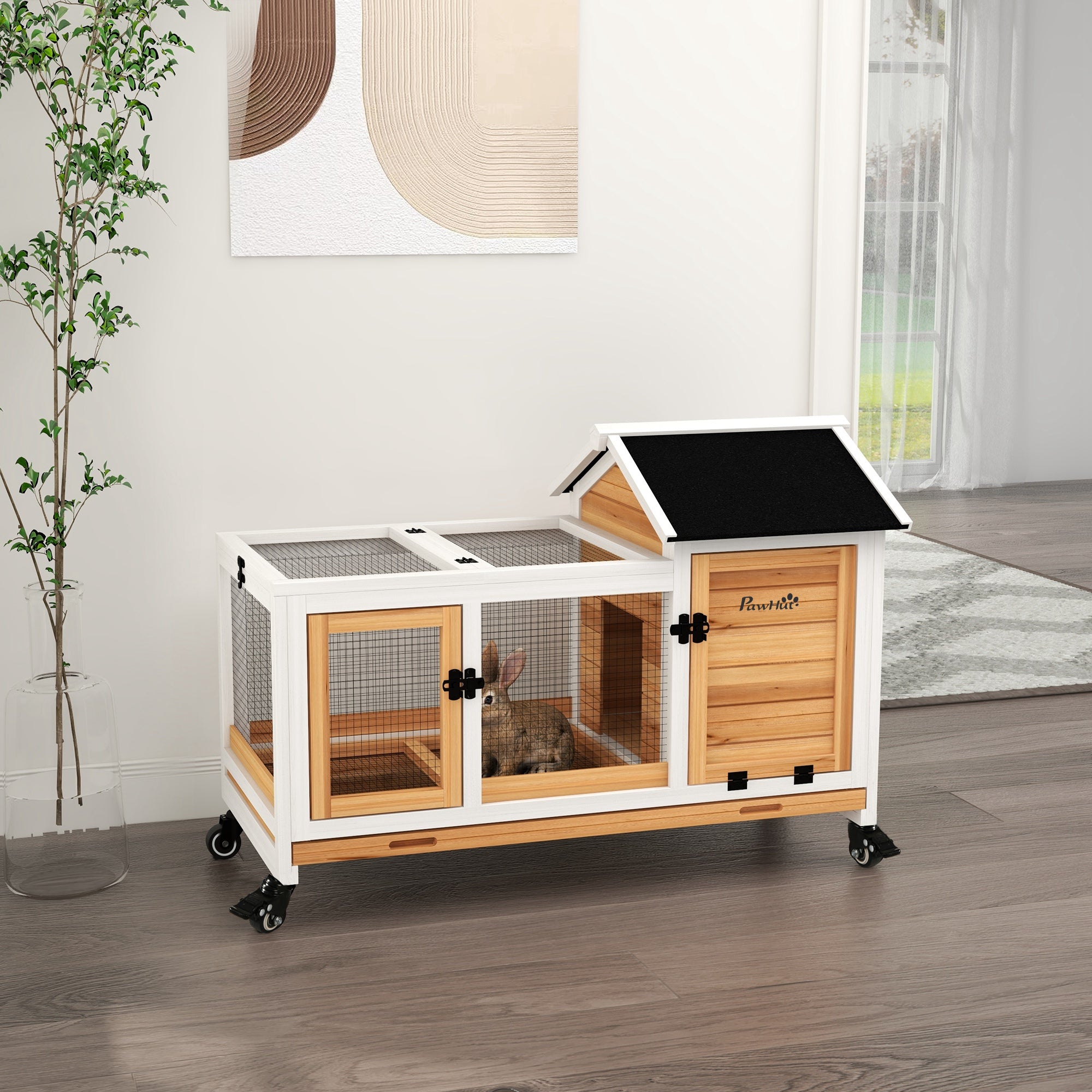 pawhut-clapier-pour-lapin-sur-roues-avec-enclos-tiroir-amovible-et-toit-ouvrant- image 3