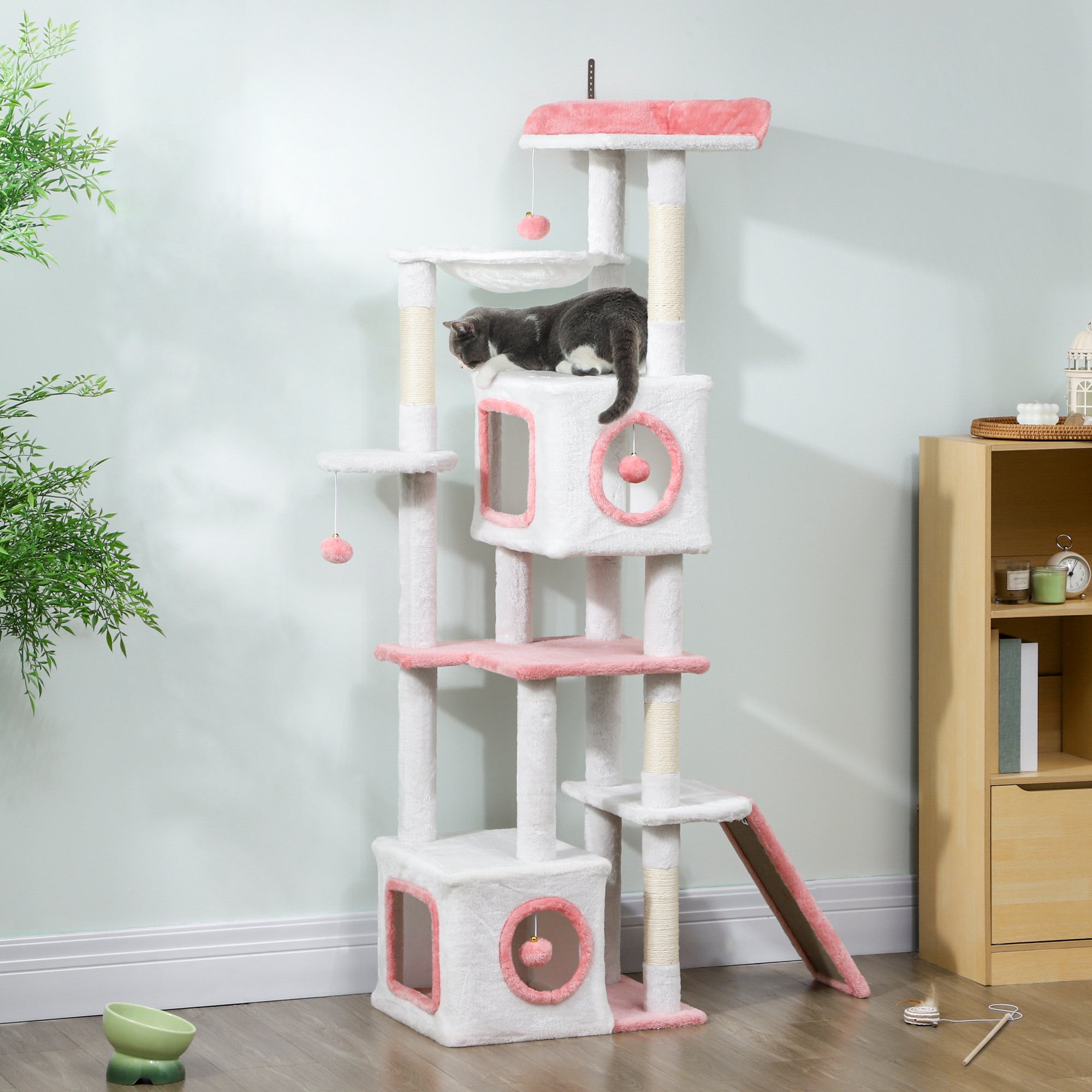 pawhut-arbre-chat-165-cm-blanc-avec-2-niches-hamac-rampe-et-perchoir image 4