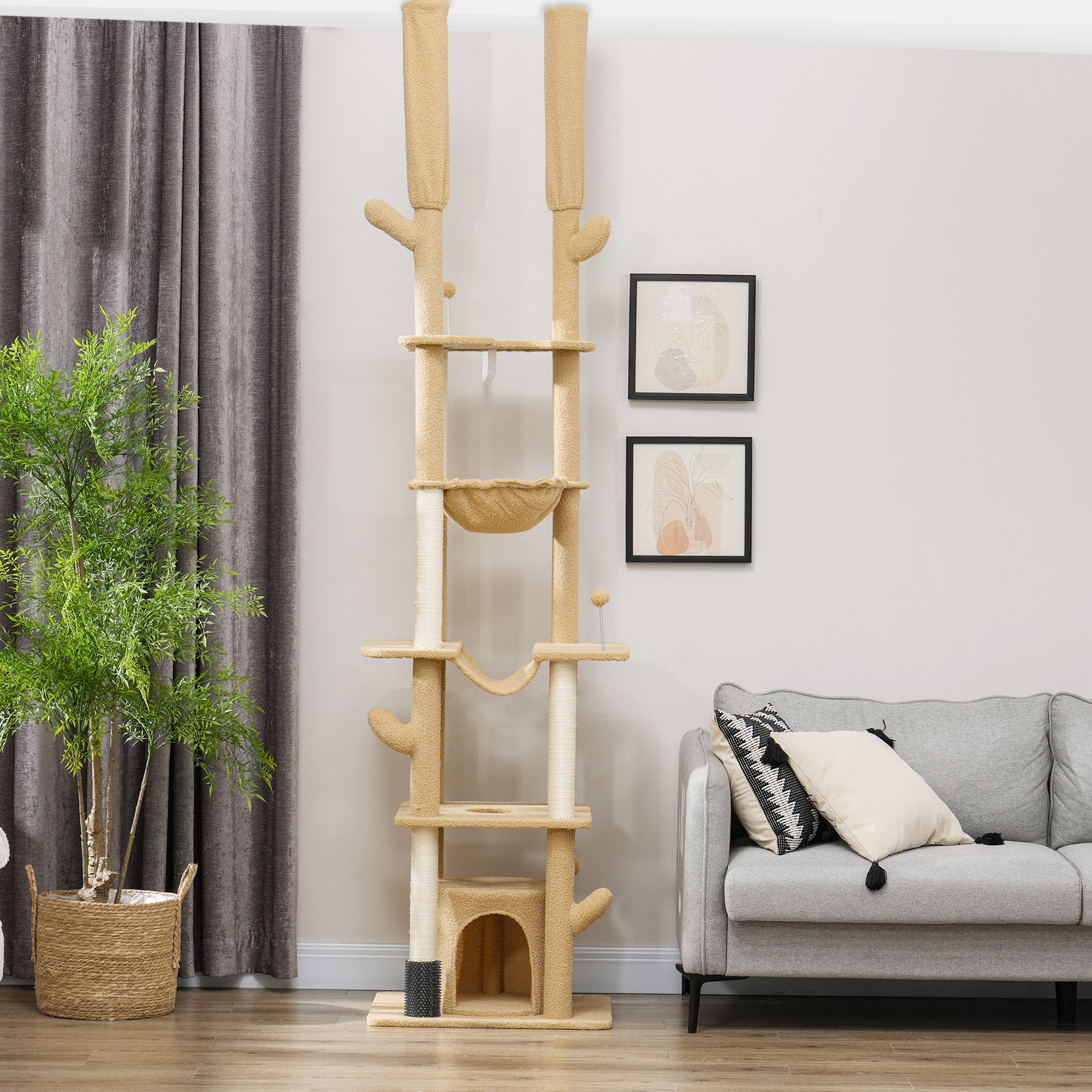 pawhut-arbre-chat-sol-plafond-r-glable-225-254-cm-cactus-avec-brosse-et-hamac-ma image 4