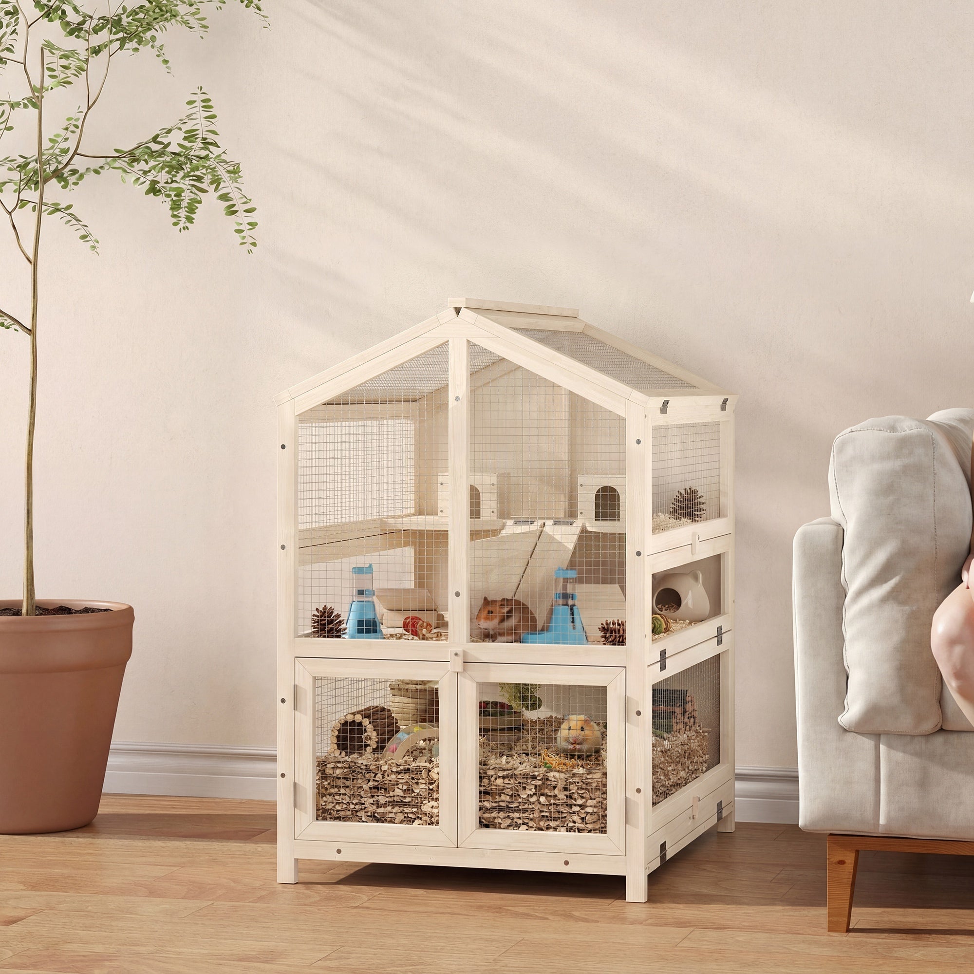 pawhut-cage-hamster-bois-3-tages-avec-s-parateur-naturel-68x61x90-cm image 4