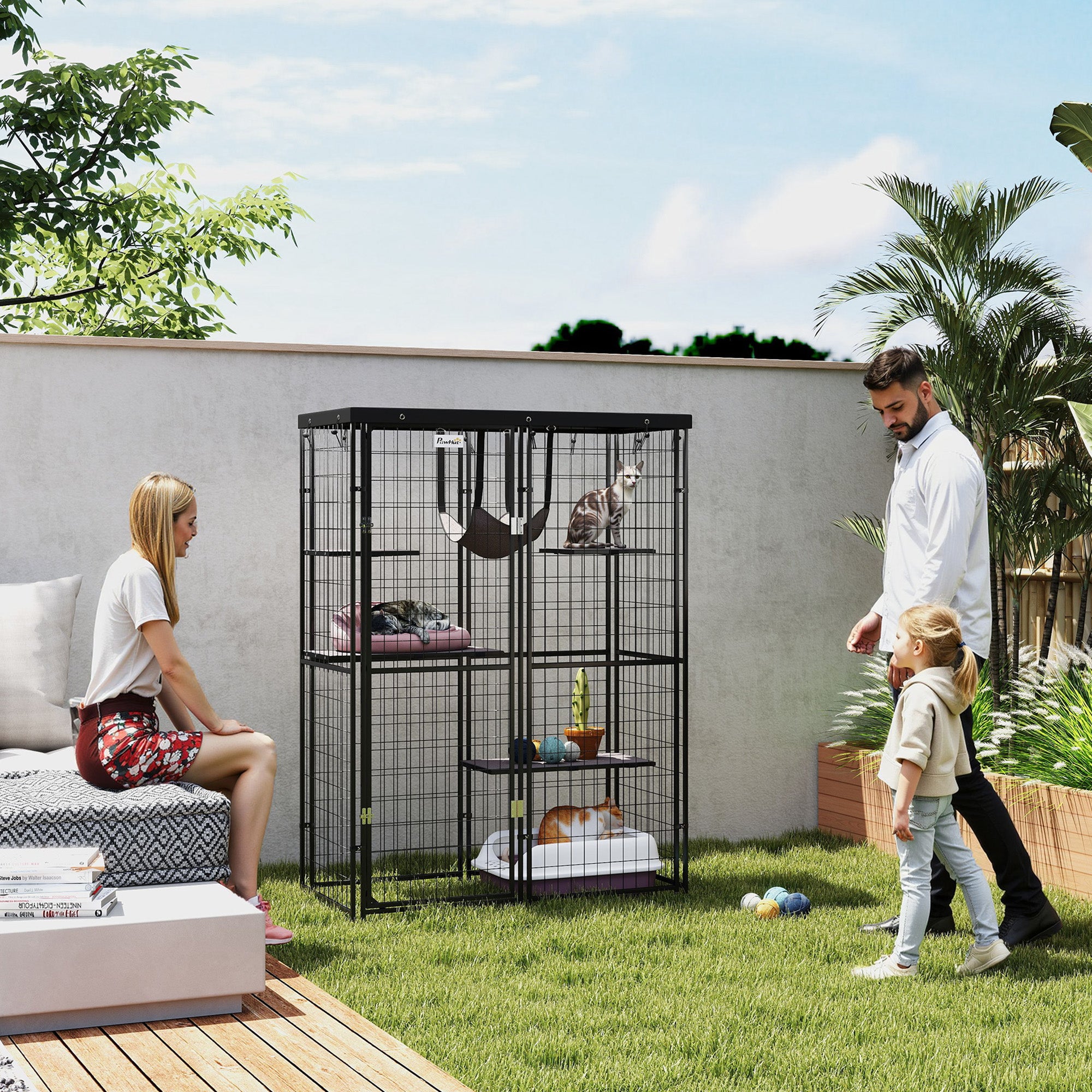 pawhut-catio-enclos-ext-rieur-pour-chat-noir-avec-4-plateformes-hamac-et-housse image 3