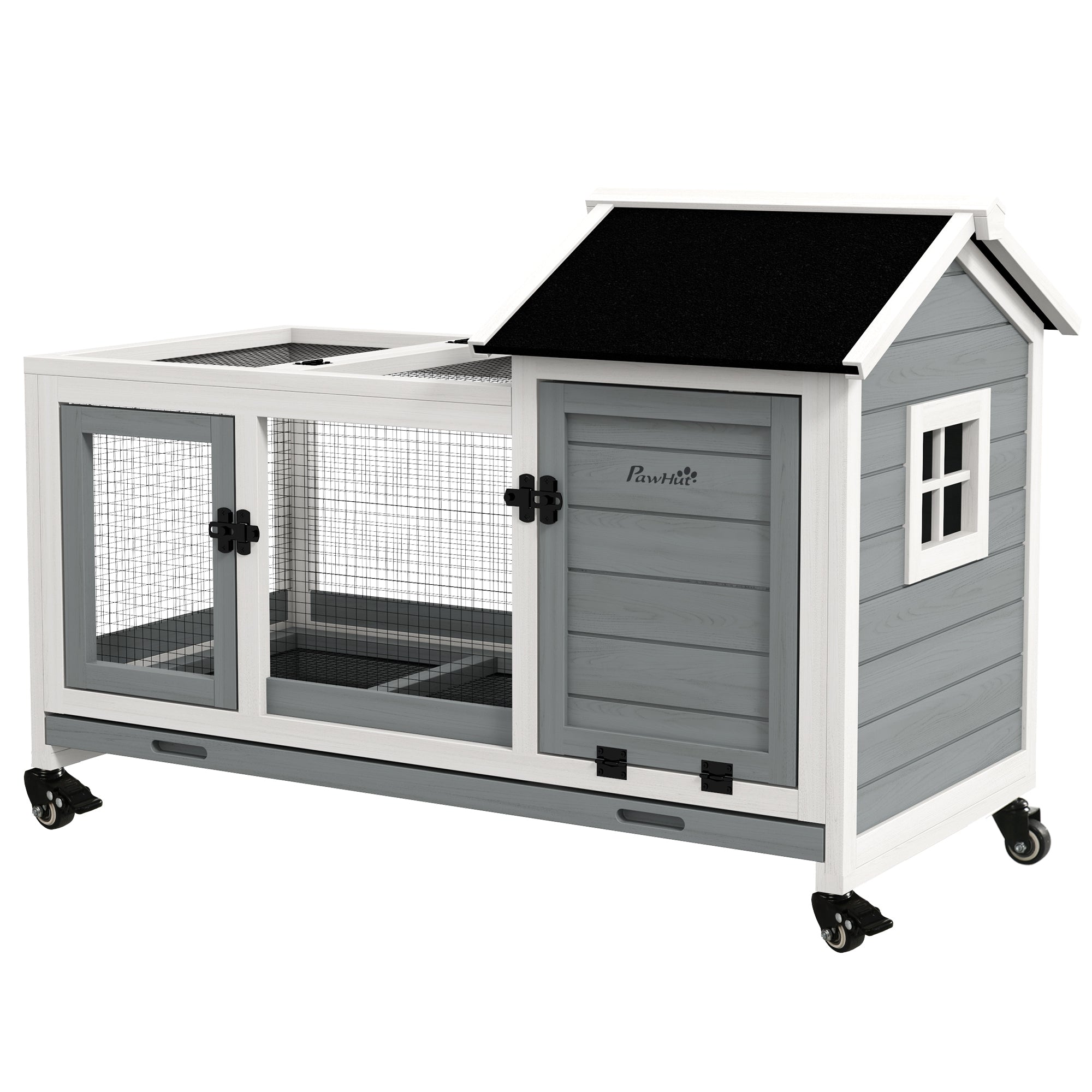 pawhut-clapier-lapin-bois-mobile-avec-enclos-gris image 2