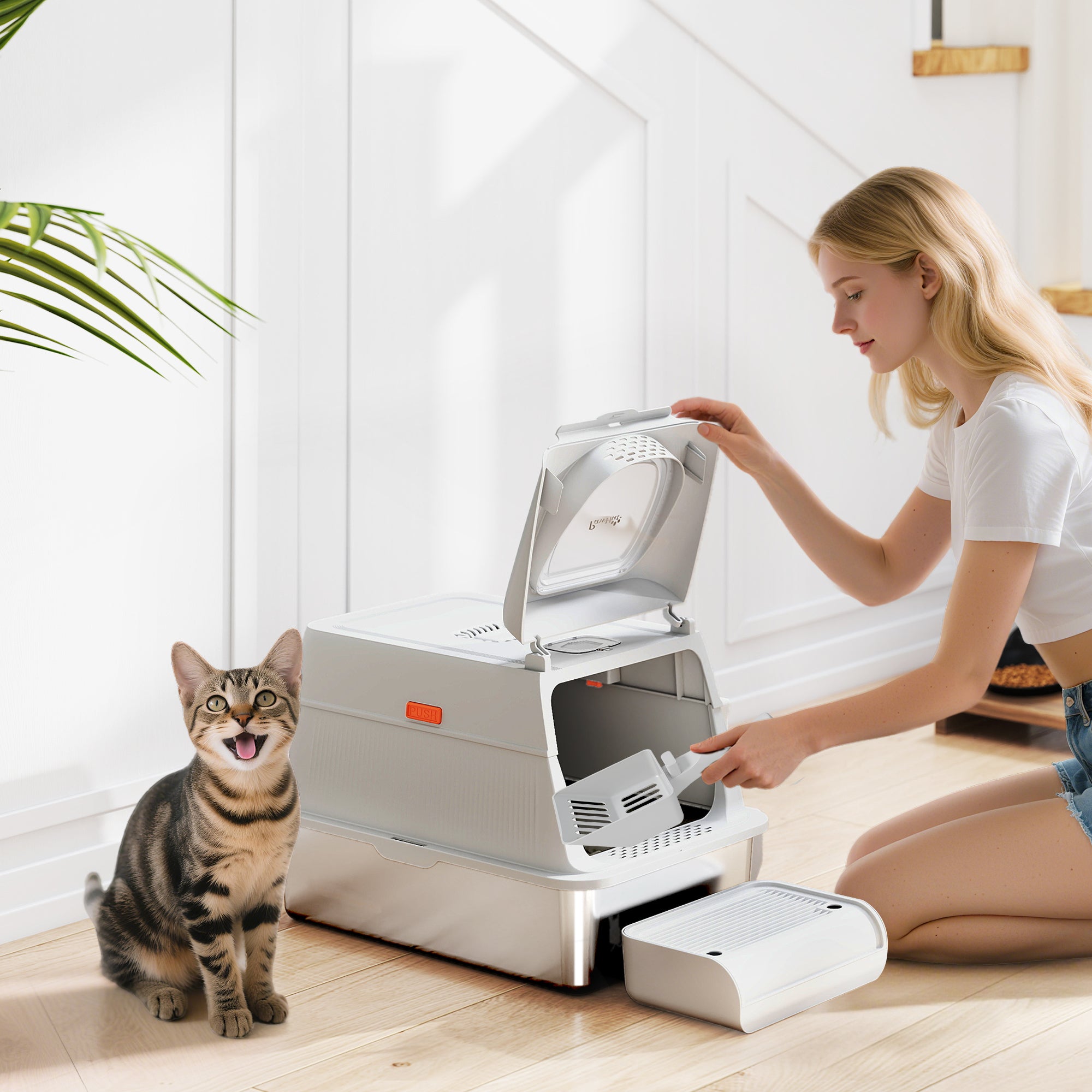 pawhut-bac-liti-re-xl-inox-avec-couvercle-p-dale-et-pelle-gris-clair image 3