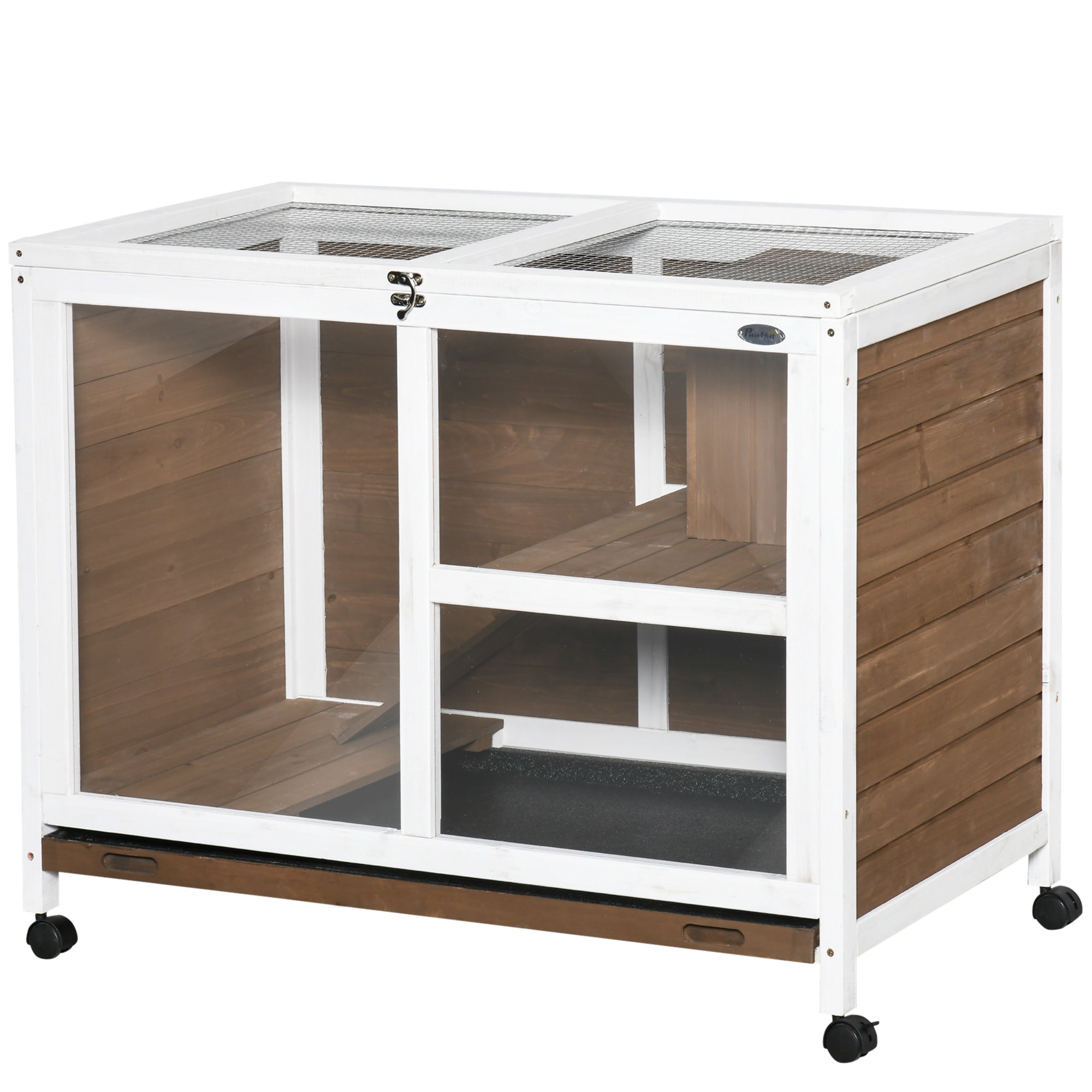 pawhut-cage-pour-petit-animal-en-bois-2-tages-toit-ouvrant-mobile-marron image 2