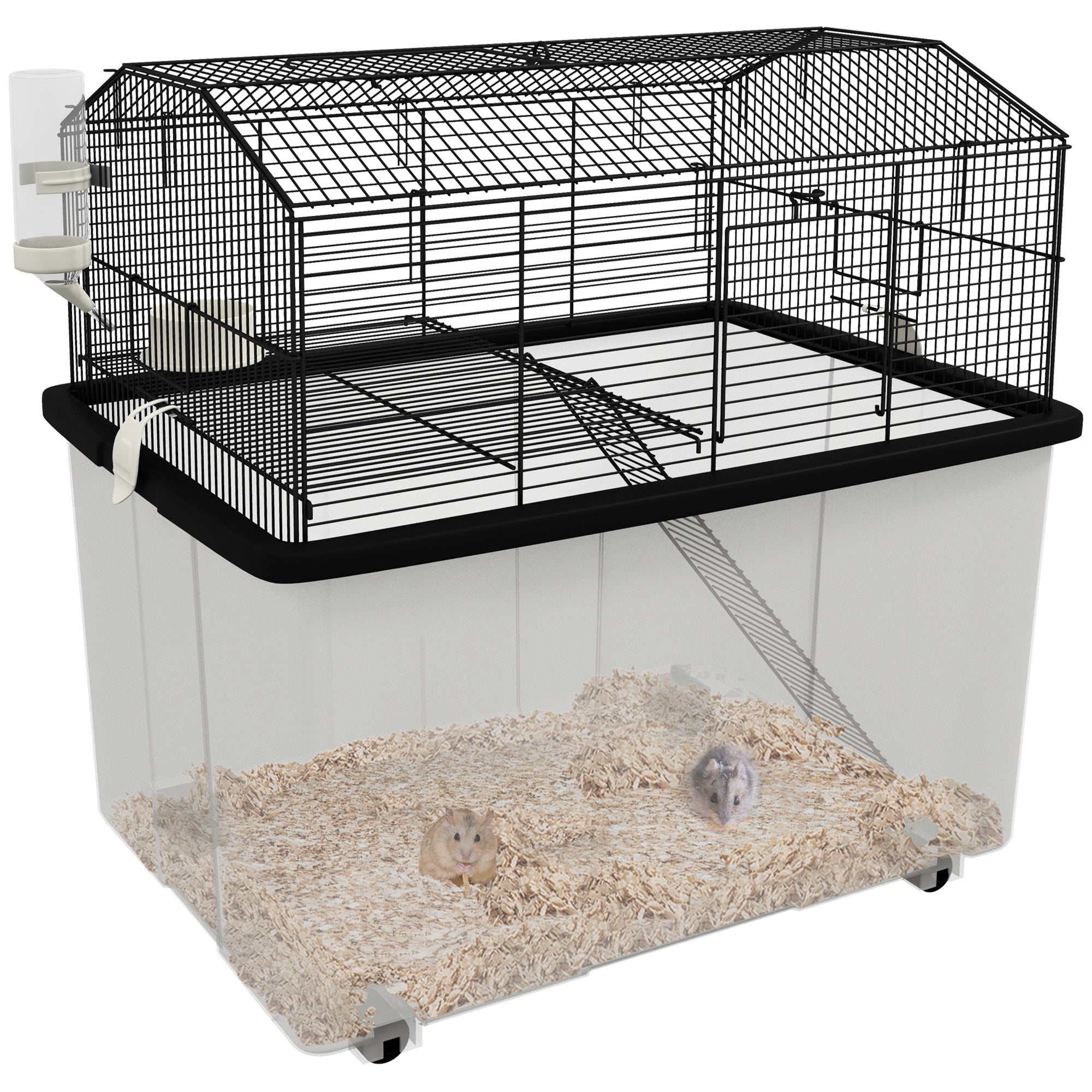 pawhut-cage-hamster-tages-avec-base-profonde-plateforme-rampe-et-roulettes-noire image 1