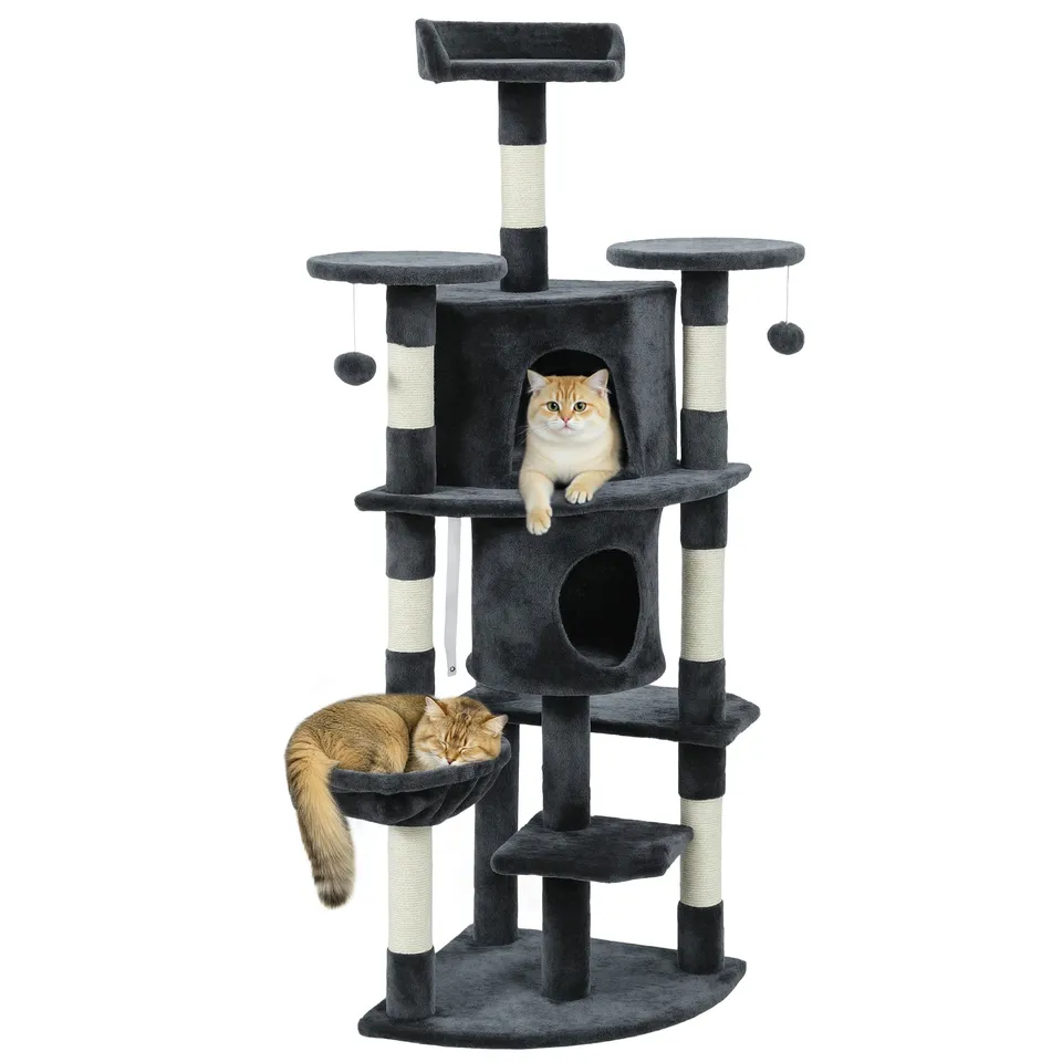 pawhut-arbre-chat-157-cm-2-niches-hamac-et-perchoirs-gris-fonc image 1