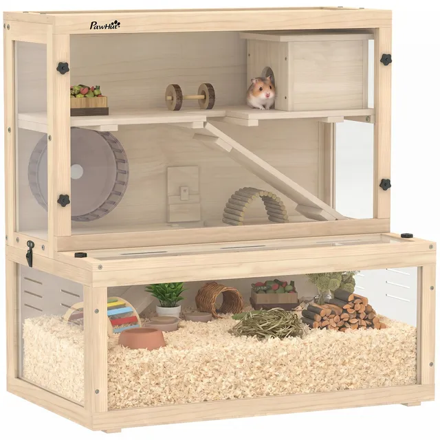 pawhut-cage-hamster-bois-3-tages-avec-cabane-roue-et-rampes-80-x-50-x-84-cm-natu image 1
