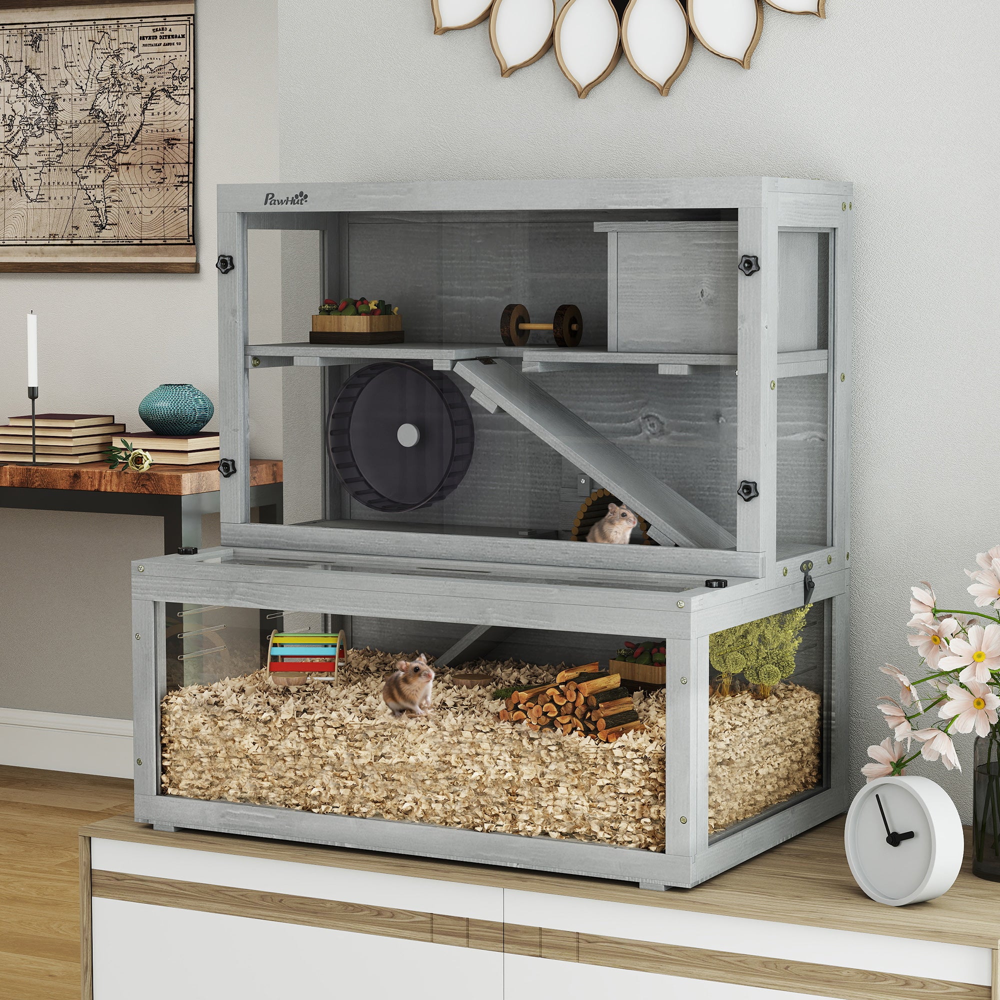 pawhut-cage-hamster-3-niveaux-en-bois-de-sapin-avec-panneau-transparent-gris image 4