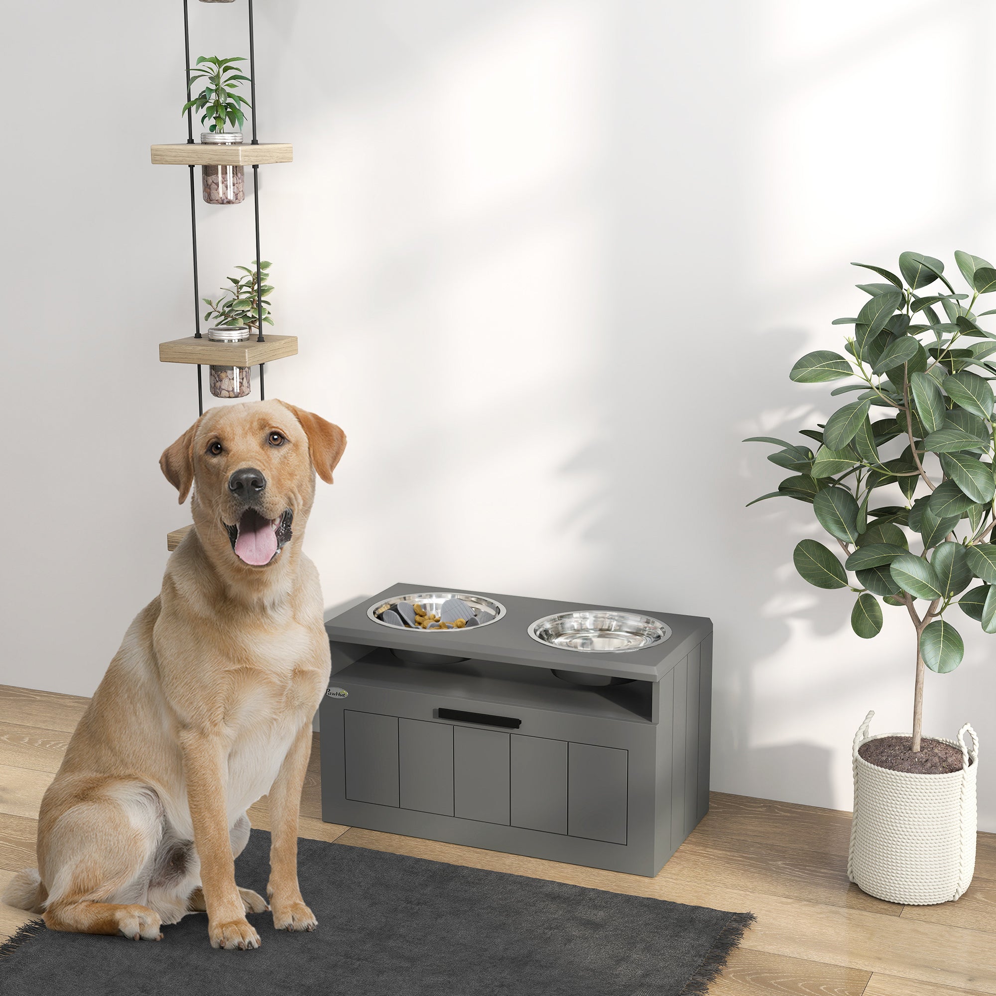 pawhut-station-d-alimentation-sur-lev-e-grise-2-bols-inox-tiroir-25l-et-tapis-sl image 3