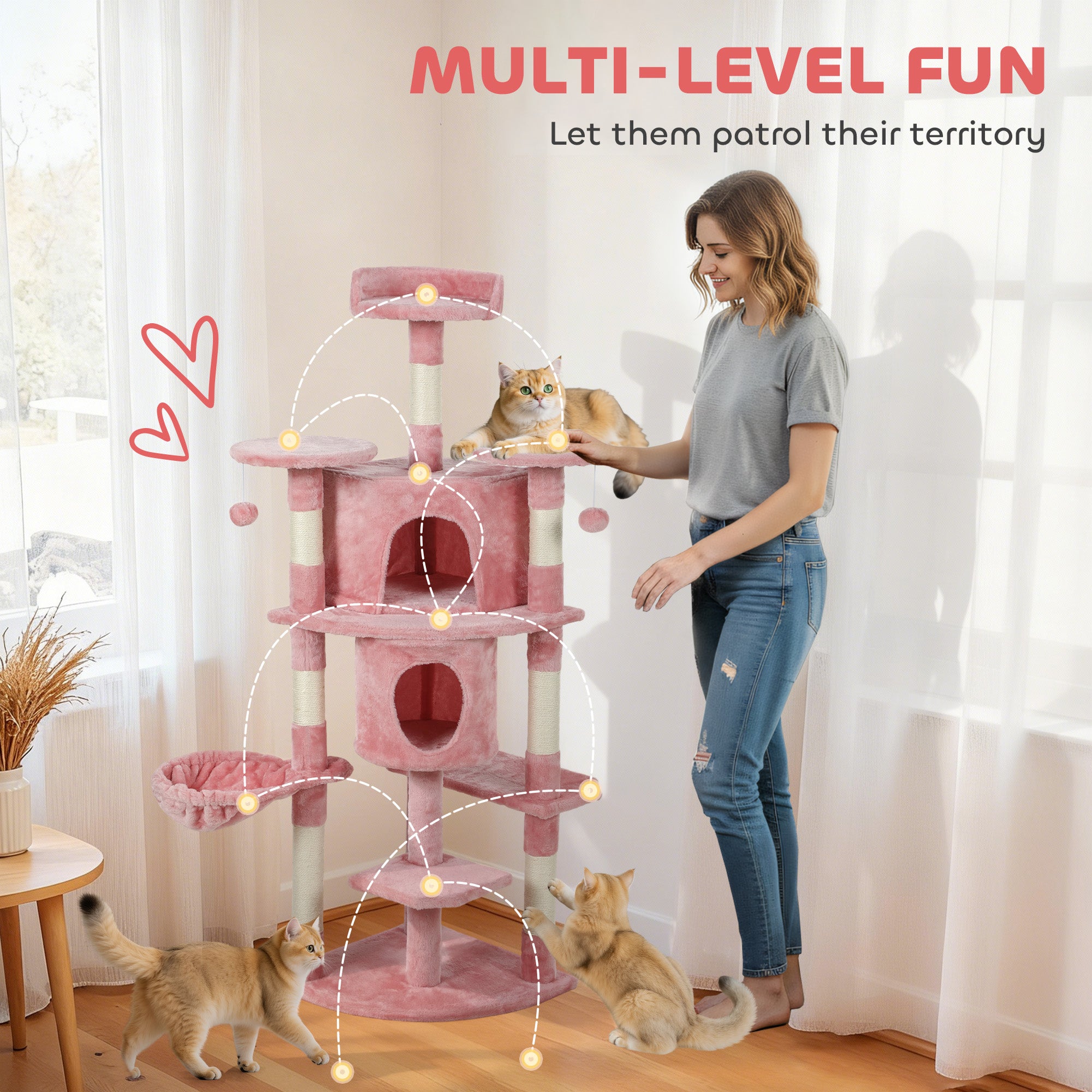 pawhut-arbre-chat-157-cm-2-niches-hamac-et-perchoirs-rose image 6