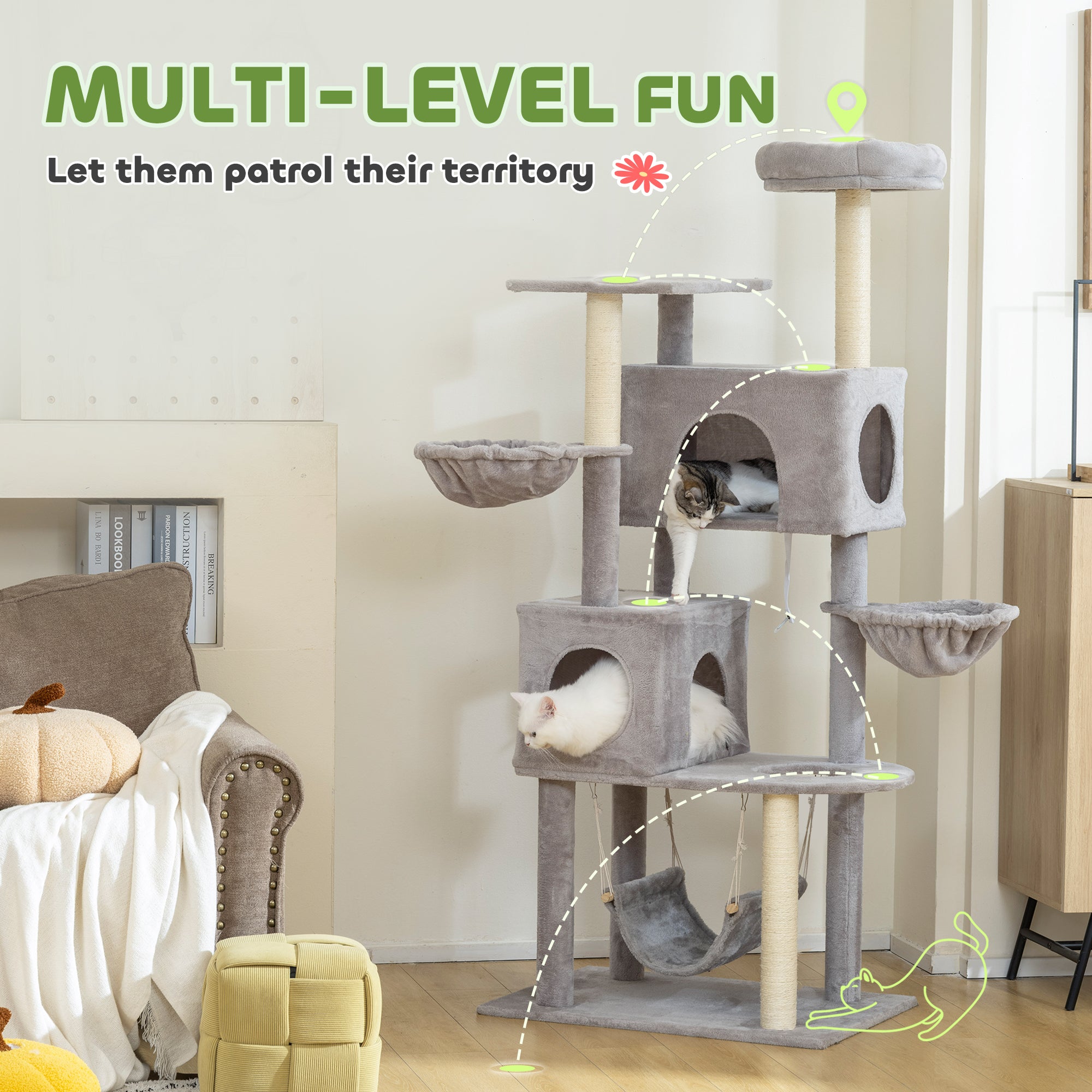 pawhut-arbre-chat-66-avec-2-niches-3-hamacs-et-perchoir-gris-clair image 6