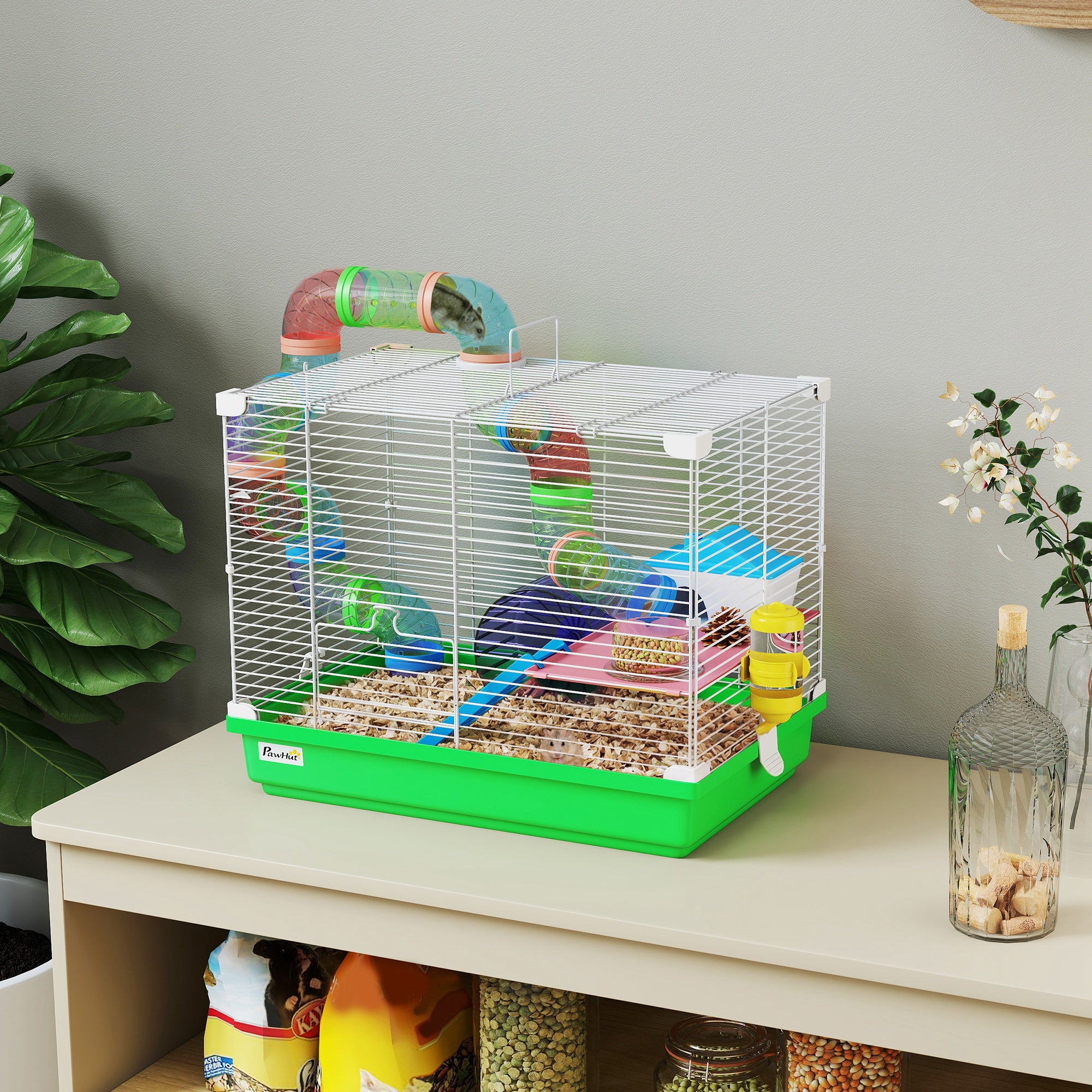 pawhut-cage-hamster-2-tages-avec-roue-maison-et-tunnel-vert image 3