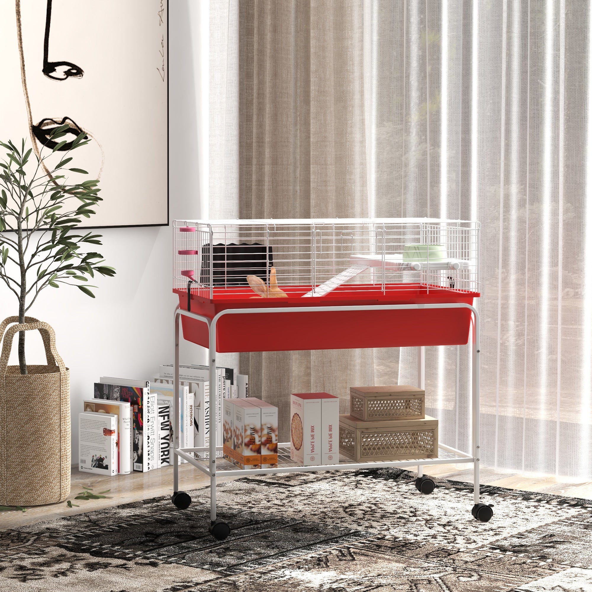 pawhut-cage-furet-ou-rongeurs-2-tages-sur-pied-amovible-avec-tablette-et-roulett image 5