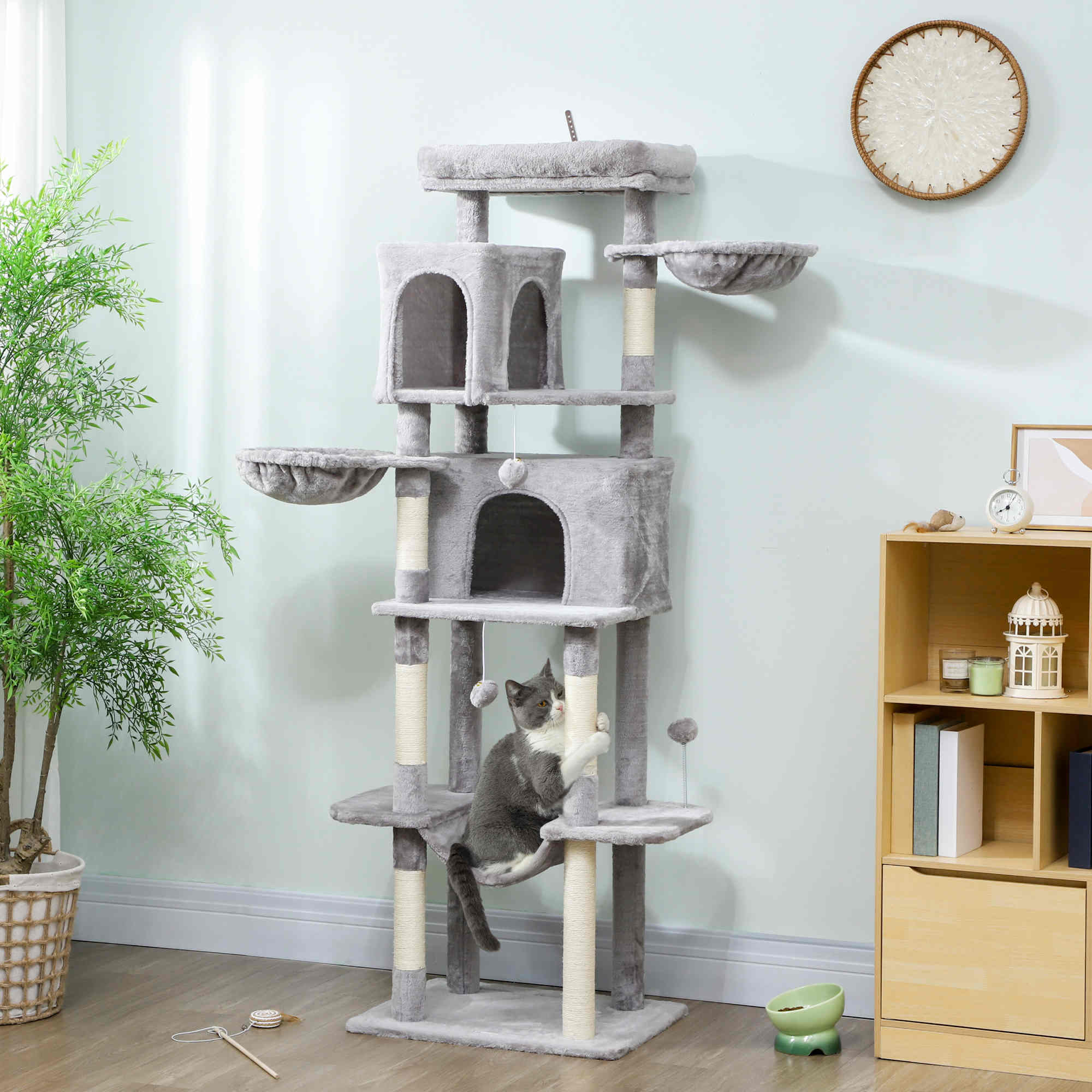 pawhut-arbre-chat-69-175-cm-avec-2-niches-3-hamacs-et-perchoirs-gris-clair image 4
