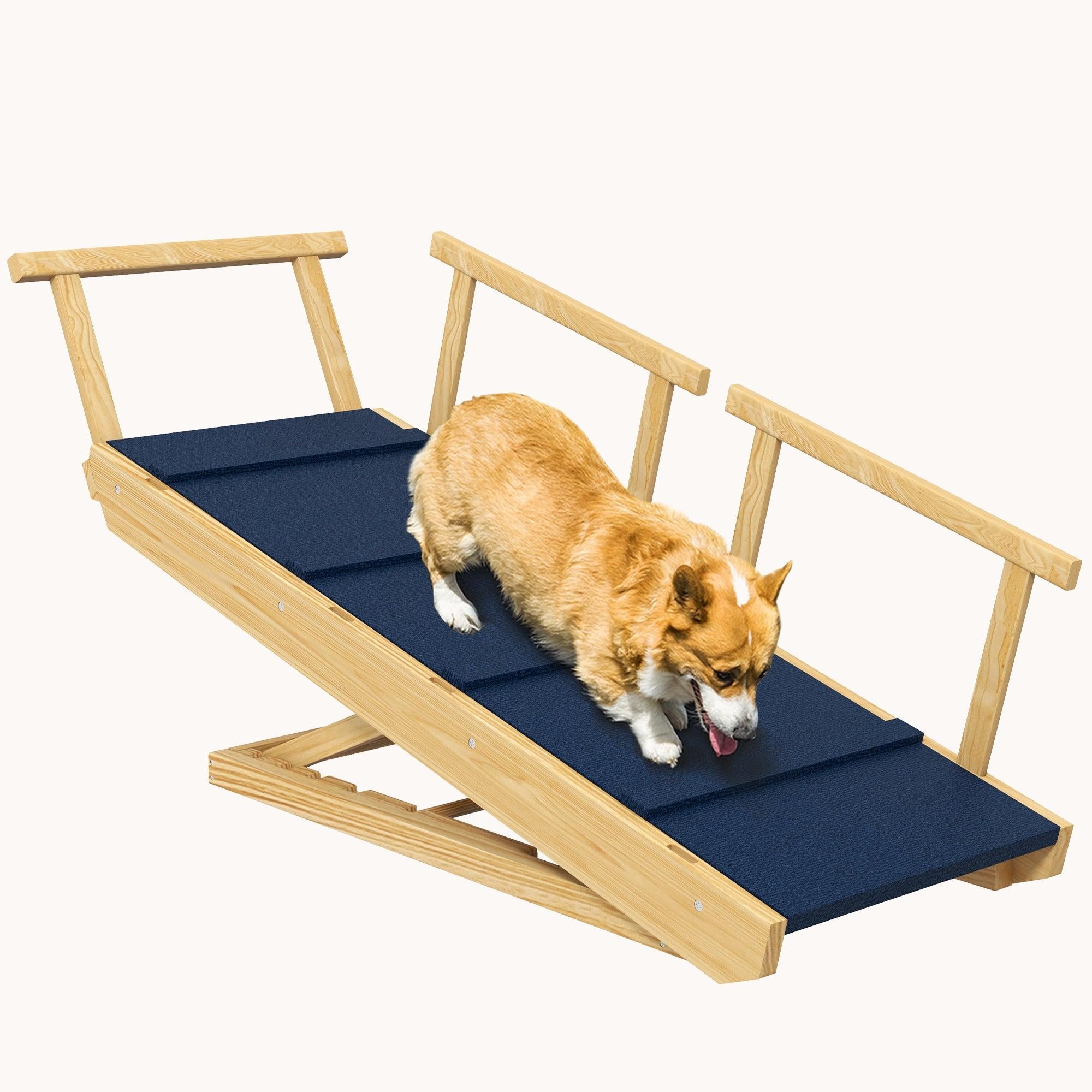 pawhut-rampe-pliable-pour-chien-en-bois-naturel-4-hauteurs-r-glables-tapis-antid image 1