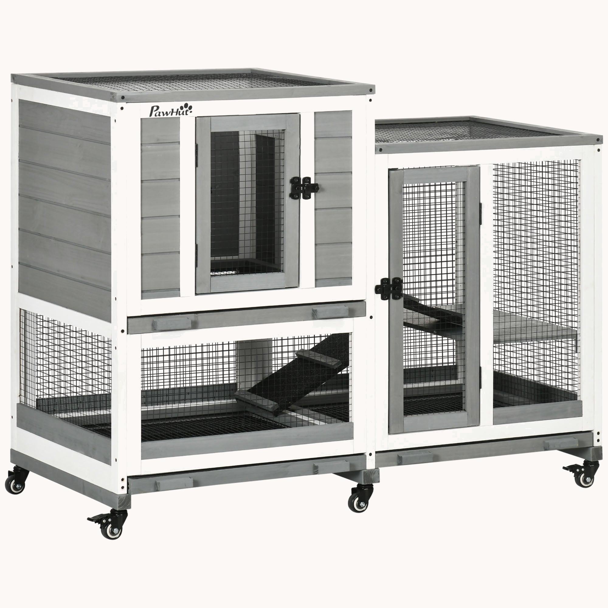 pawhut-clapier-lapin-bois-3-tages-toit-tanche-roulettes-gris image 2