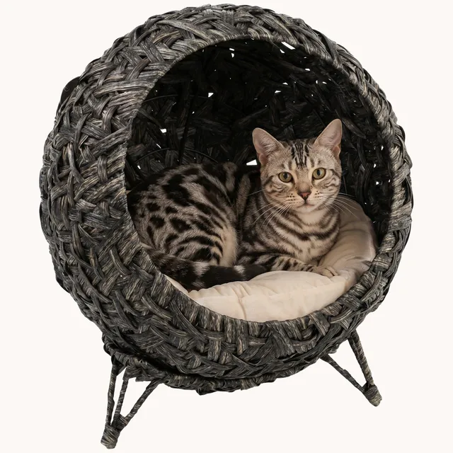 pawhut-lit-chat-sur-lev-rotin-tress-avec-coussin-et-base-m-tal-gris image 1