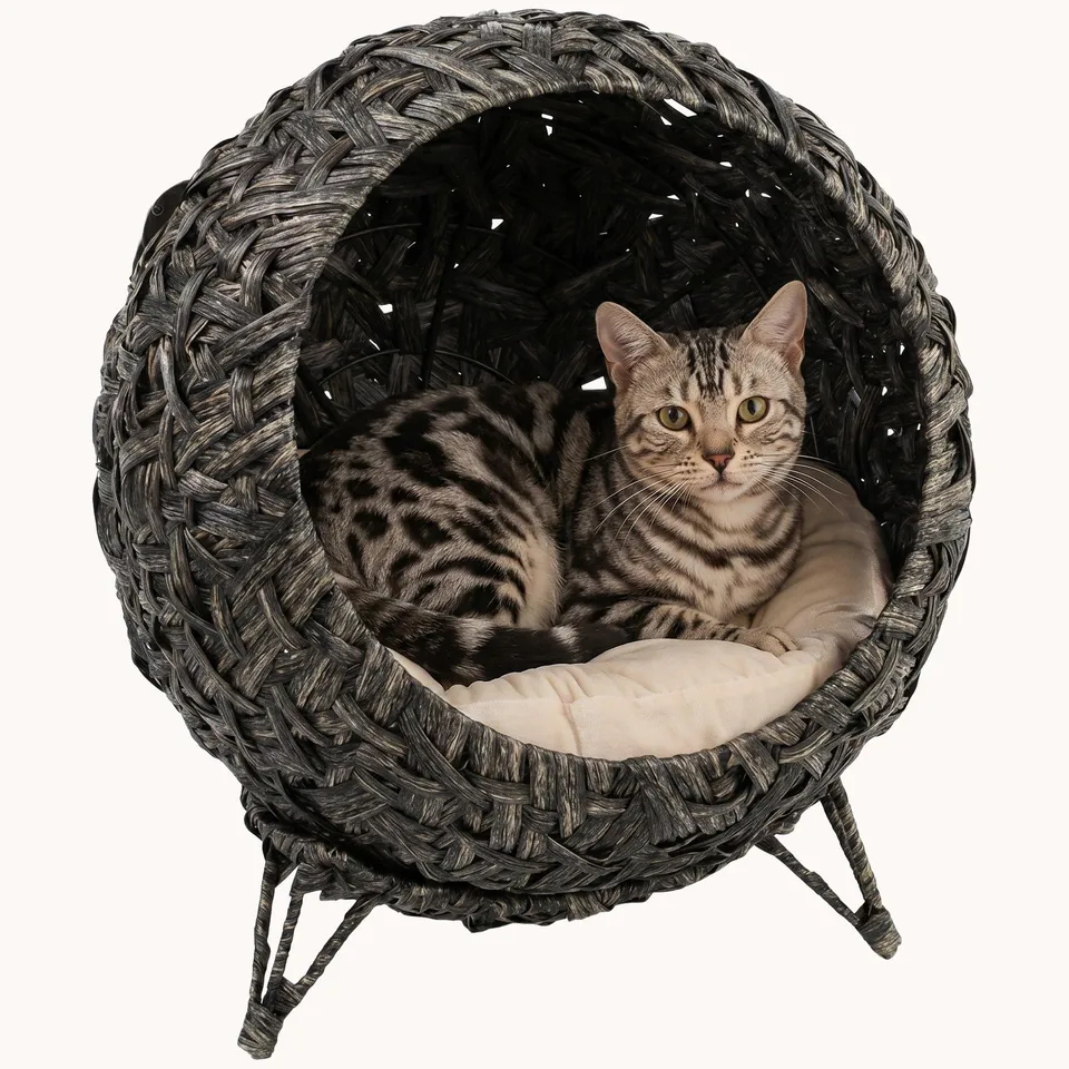 pawhut-lit-chat-sur-lev-rotin-tress-avec-coussin-et-base-m-tal-gris image 1