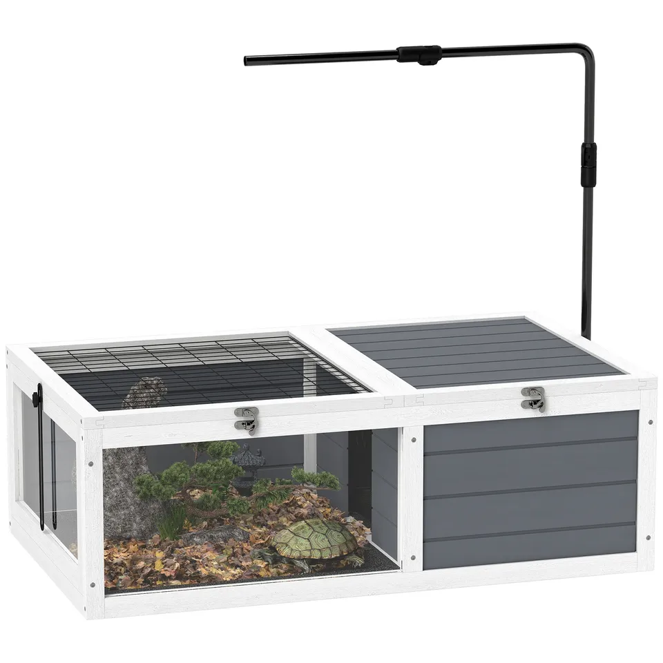 pawhut-maison-tortue-en-bois-avec-support-lampe-chauffante-gris image 1