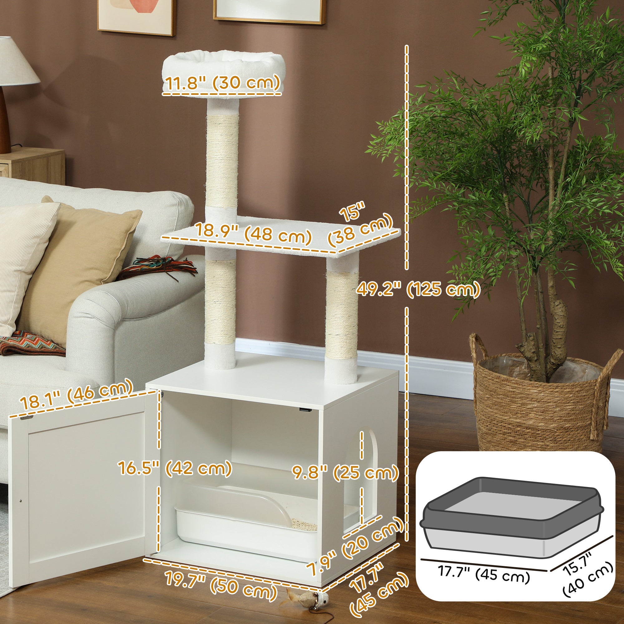 pawhut-arbre-chat-avec-meuble-liti-re-cach-e-et-griffoirs-blanc image 5