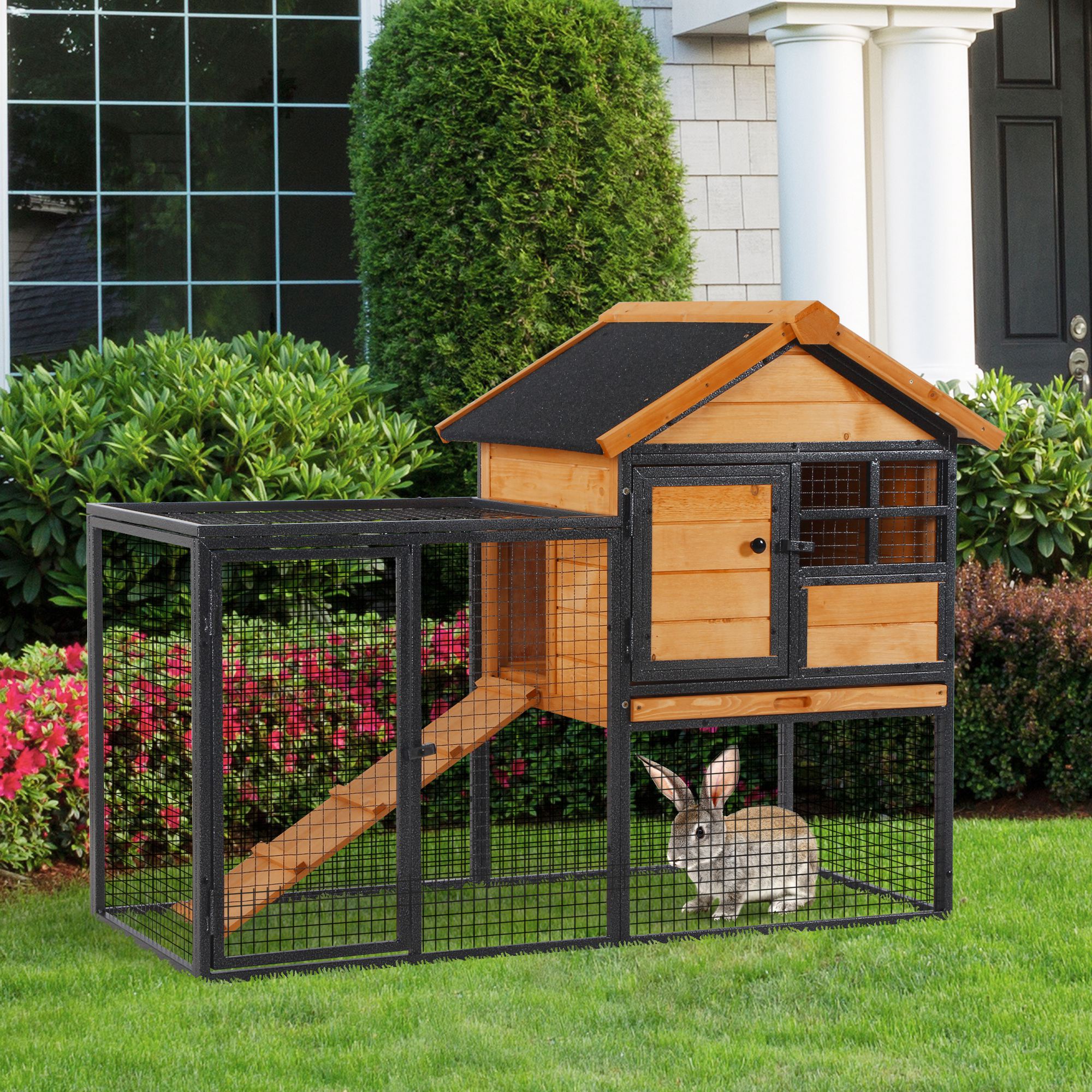 pawhut-clapier-lapins-2-niveaux-48-avec-enclos-habitat-bois-pour-lapins-poules-c image 4