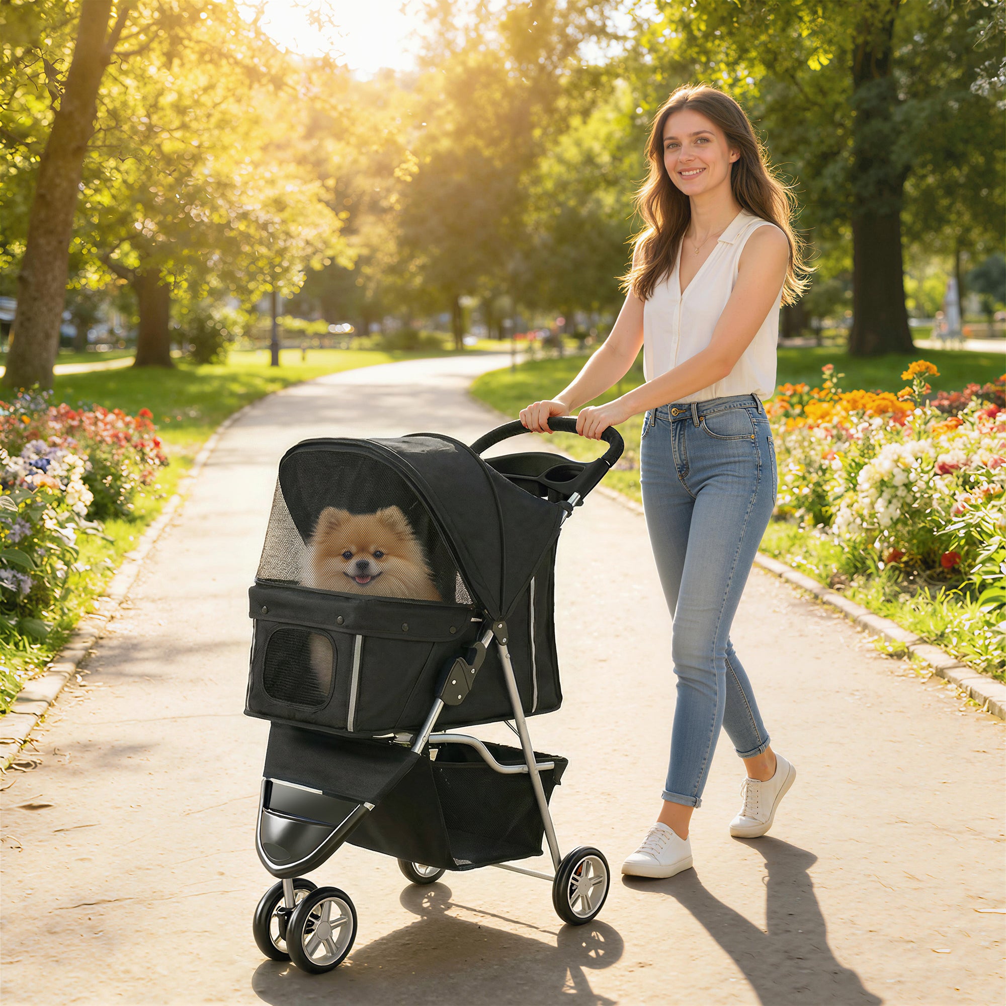 pawhut-poussette-chien-et-chat-pliable-3-roues-avec-porte-gobelet-noir image 4