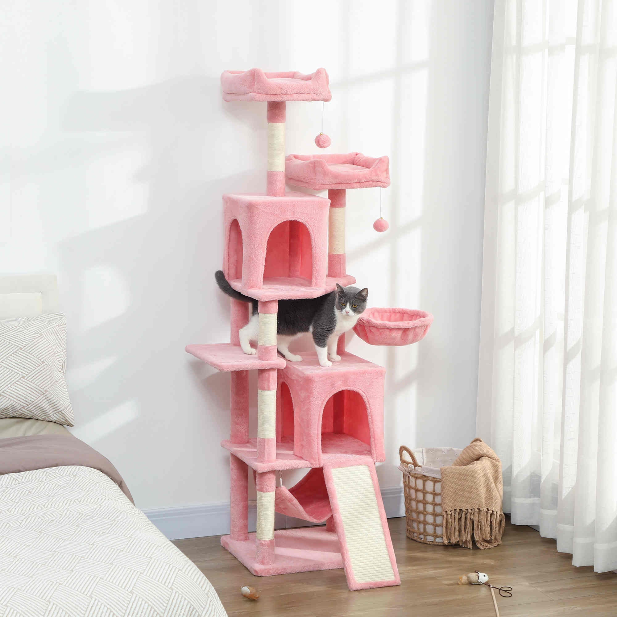 pawhut-arbre-chat-177-cm-2-niches-2-perchoirs-et-hamac-rose image 3