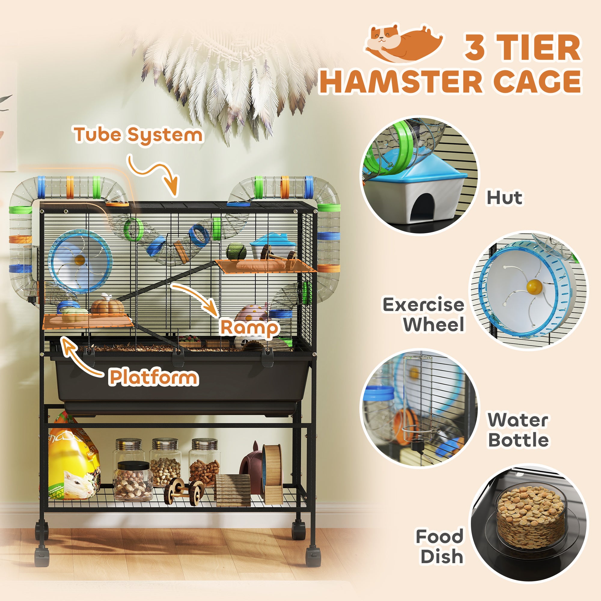 pawhut-cage-3-niveaux-color-e-pour-petit-animal-avec-tubes-roue-et-rangement image 7