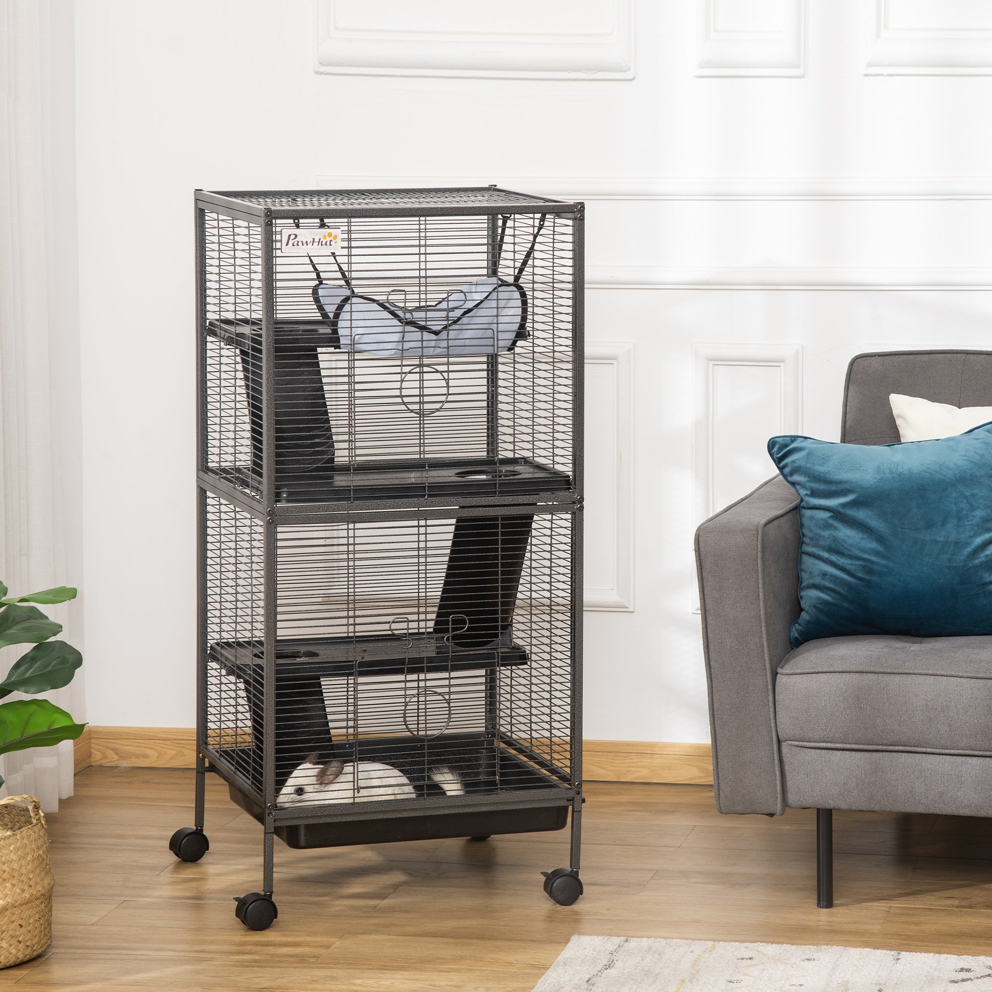 pawhut-cage-petits-animaux-4-tages-roulettes-avec-hamac-gris image 4
