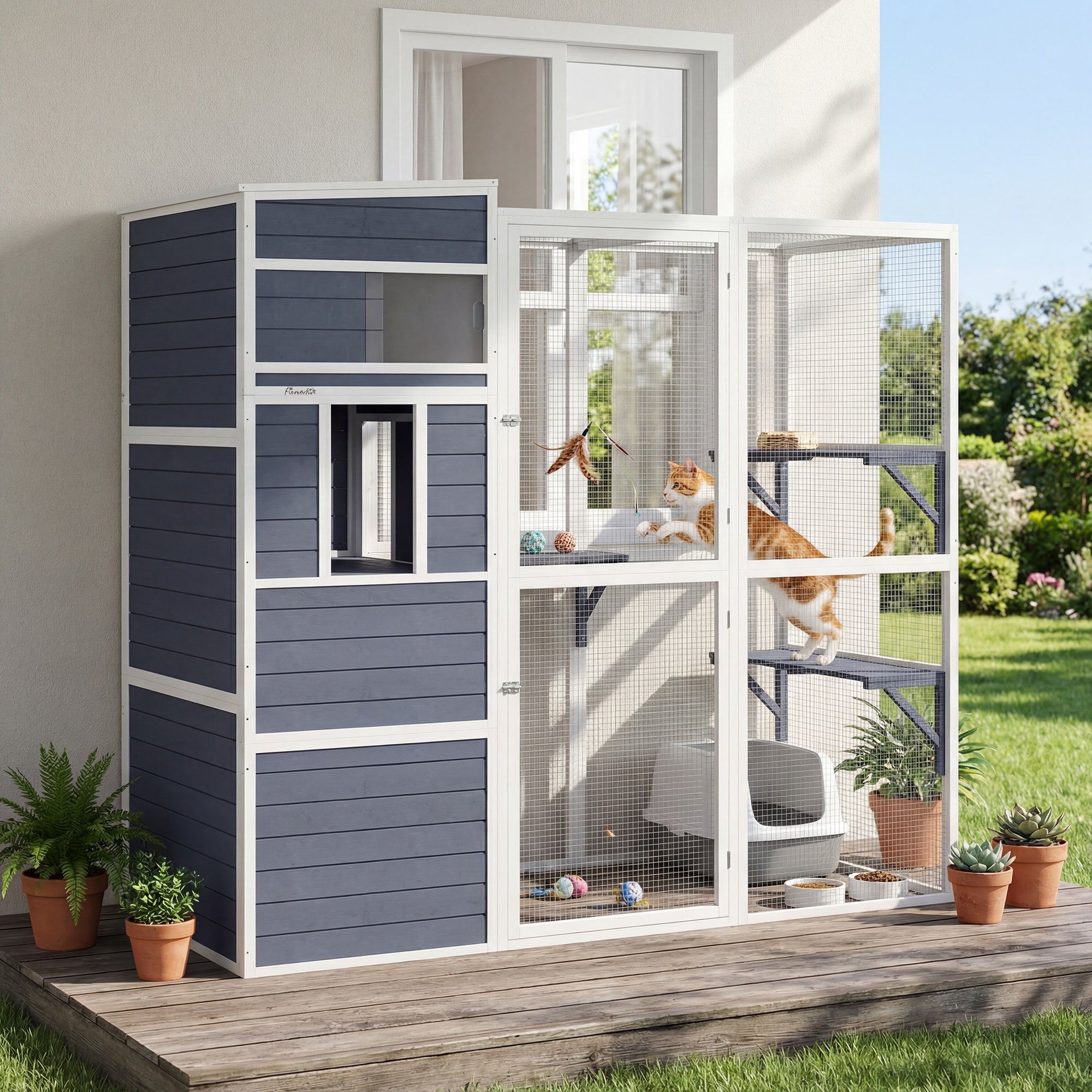 pawhut-catio-ext-rieur-4-niveaux-enclos-chats-avec-parc-gris image 4