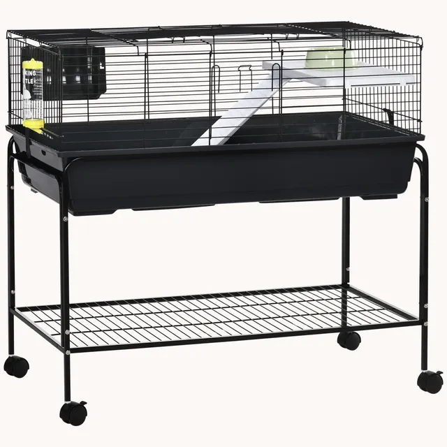 pawhut-cage-2-tages-noire-99-x-52-x-93-cm-avec-support-amovible-tag-re-et-roulet image 1