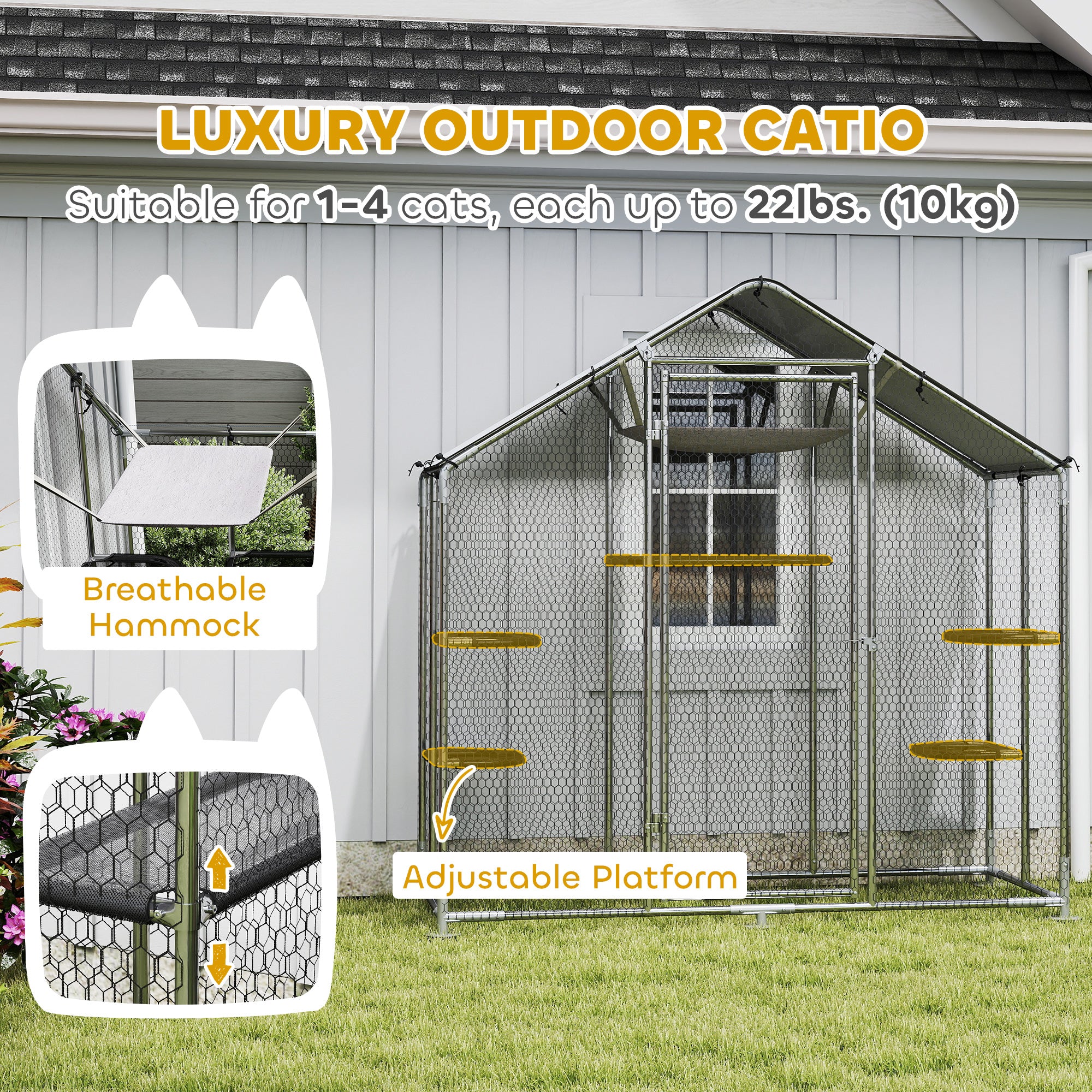 pawhut-catio-enclos-chat-walk-in-m-tal-77-avec-5-plateformes-et-hamac-argent image 7