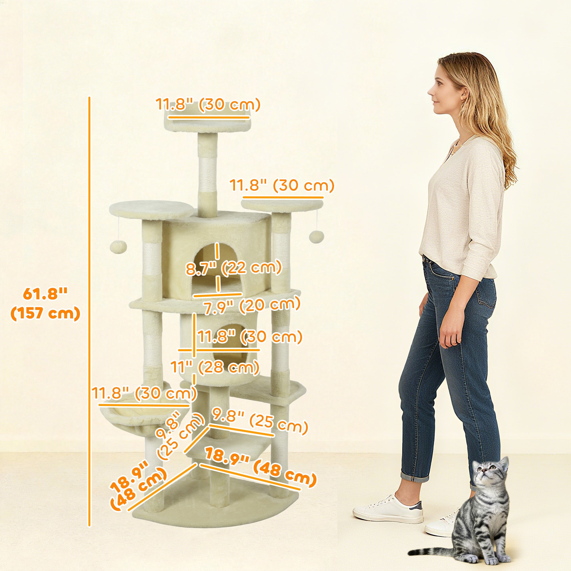 pawhut-arbre-chat-157-cm-avec-2-niches-hamac-et-perchoirs-beige image 5