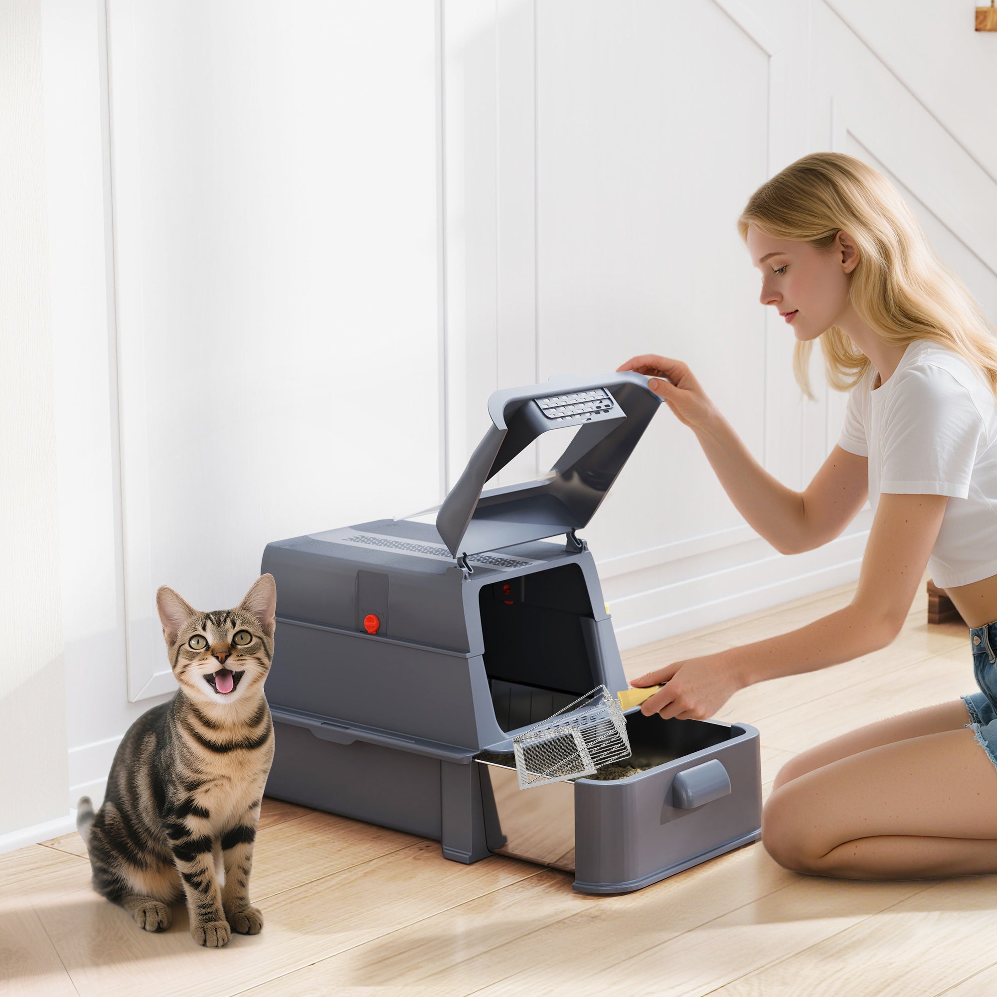 pawhut-bac-liti-re-xl-inox-avec-couvercle-et-tiroir-coulissant-gris-fonc image 3