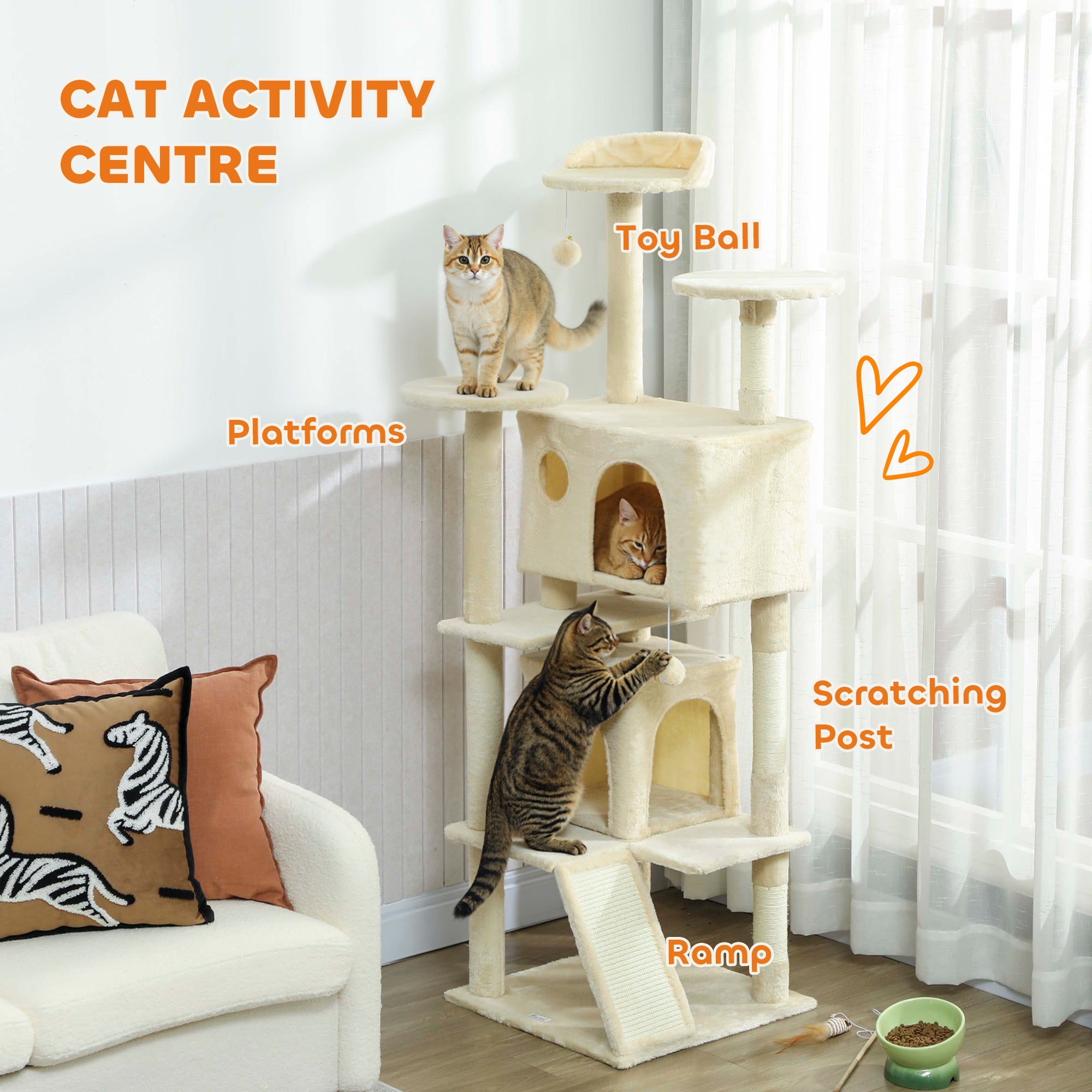 pawhut-arbre-chat-160-cm-avec-condos-lit-rampe-et-griffoirs-blanc-cr-me image 6