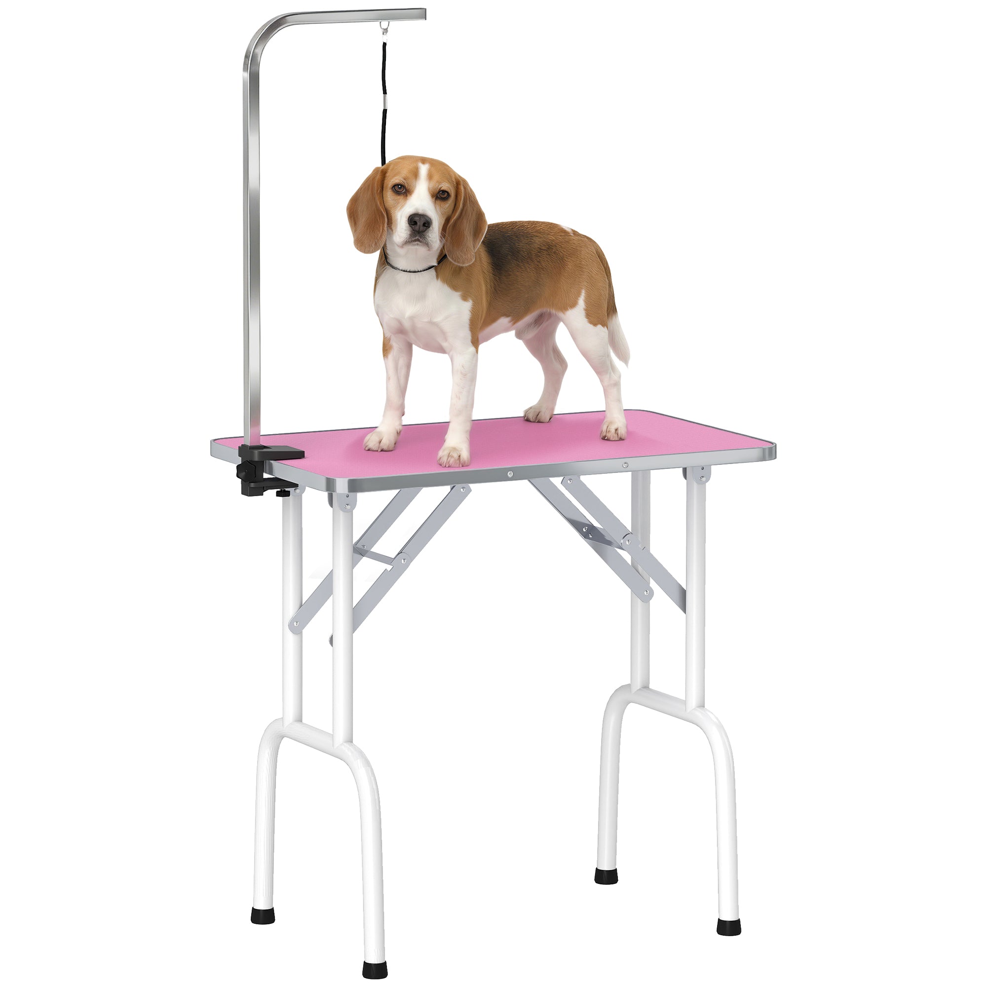 pawhut-table-de-toilettage-pliable-81-cm-rose-avec-bras-r-glable-et-surface-anti image 1