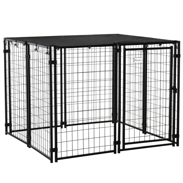 pawhut-enclos-chenil-ext-rieur-chien-avec-toit-et-porte-verrouillable-noir image 1