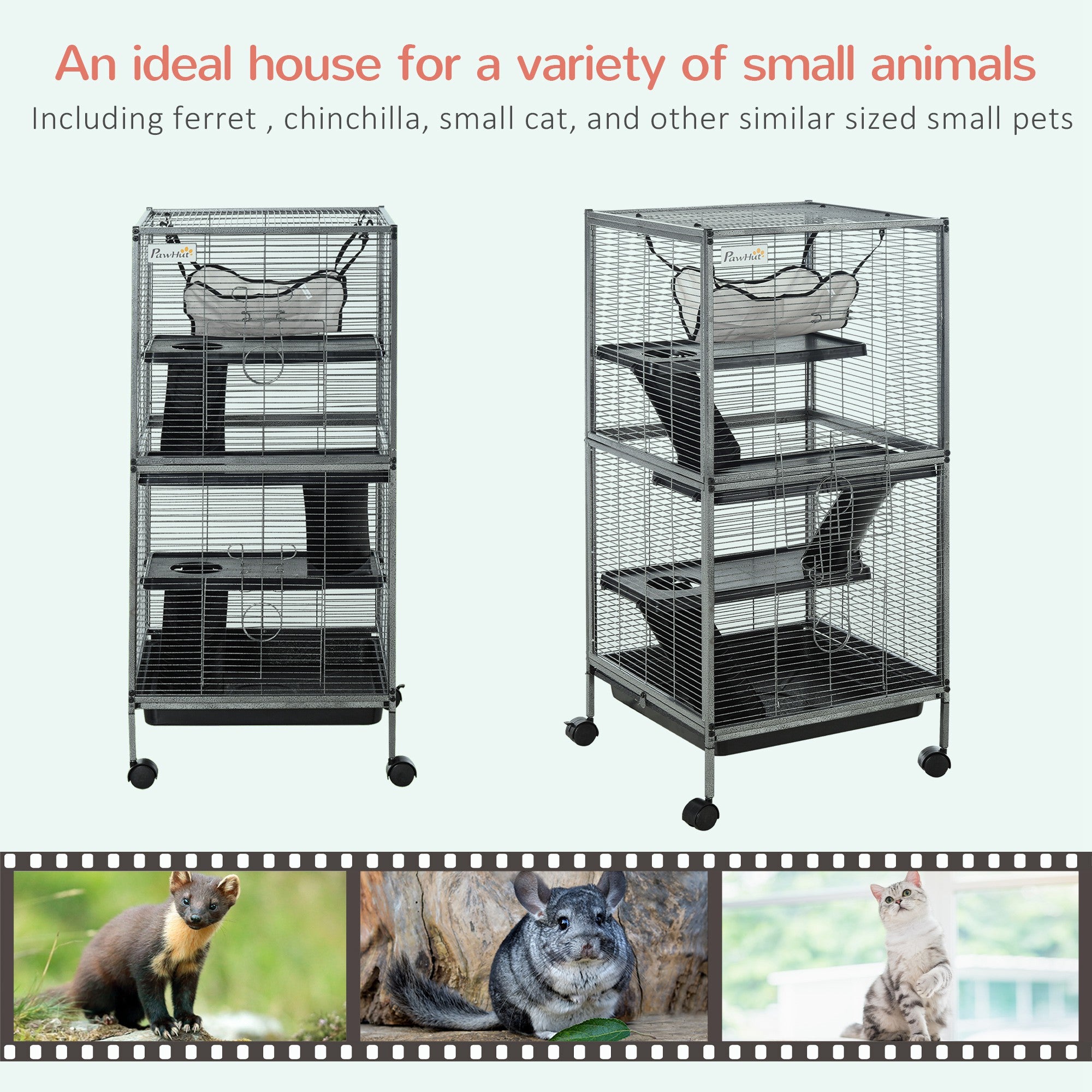 pawhut-cage-petits-animaux-4-tages-roulettes-avec-hamac-gris image 7