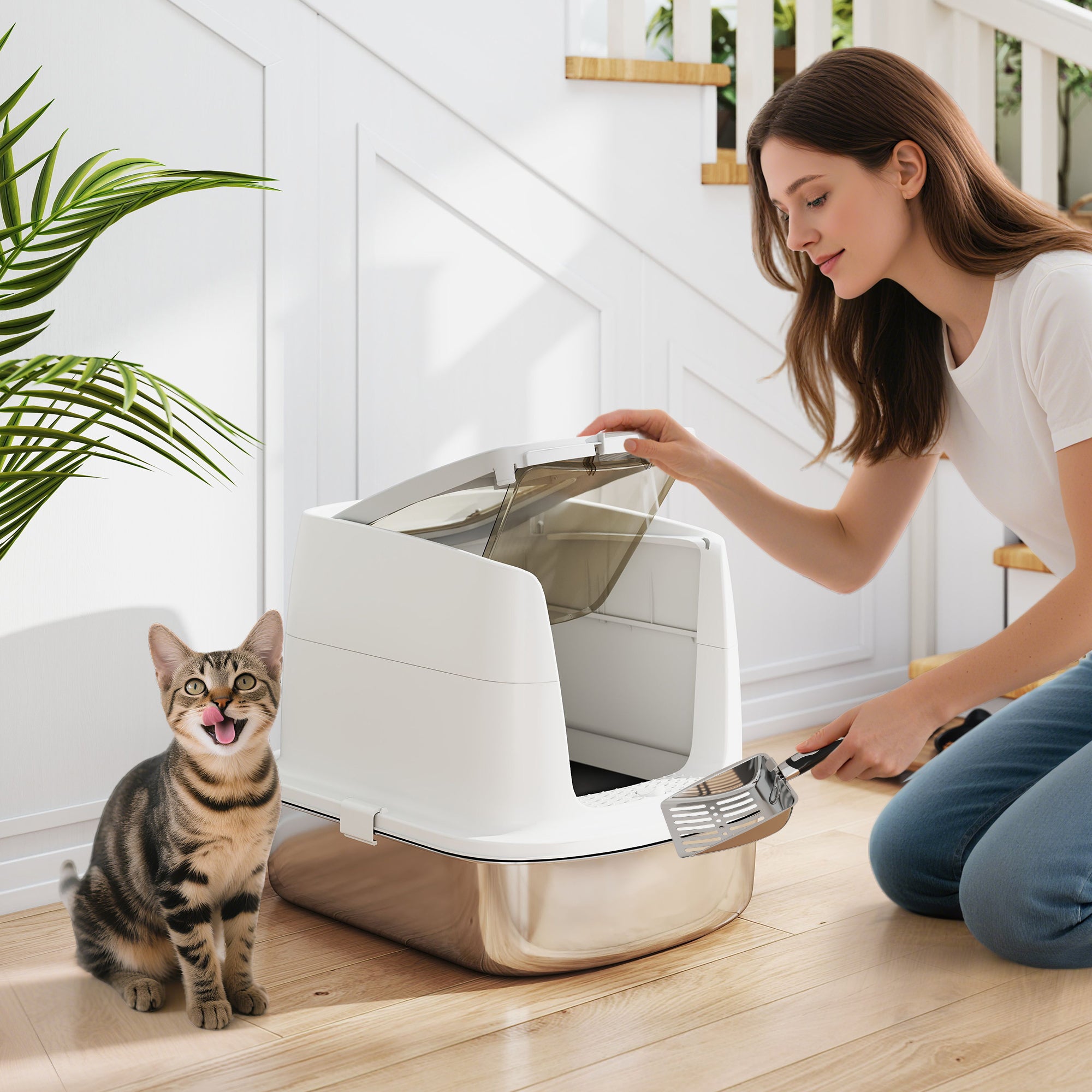 pawhut-bac-liti-re-pour-chat-avec-capot-en-inox-avec-pelle-et-d-sodorisant-blanc image 3