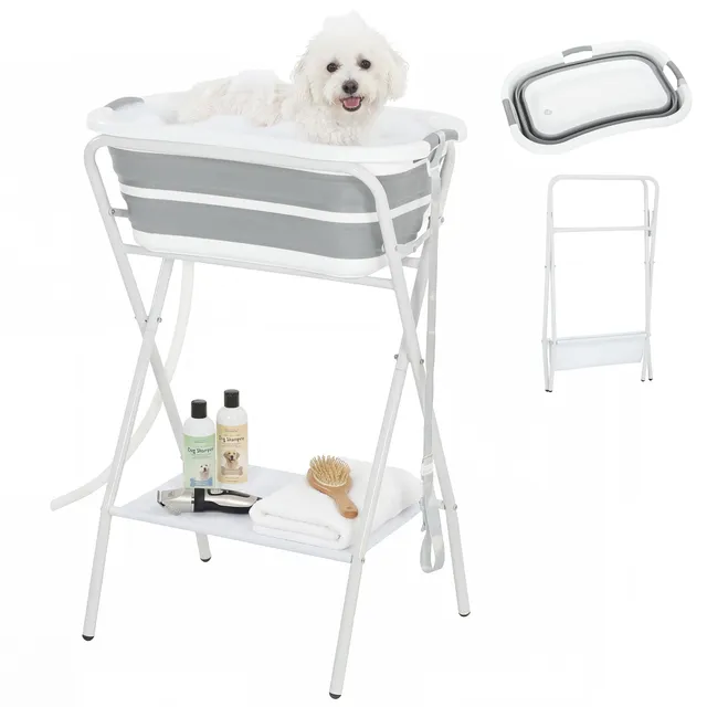pawhut-baignoire-sur-lev-e-pliante-2-en-1-pour-petits-chiens-avec-tuyau-et-tag-r image 1