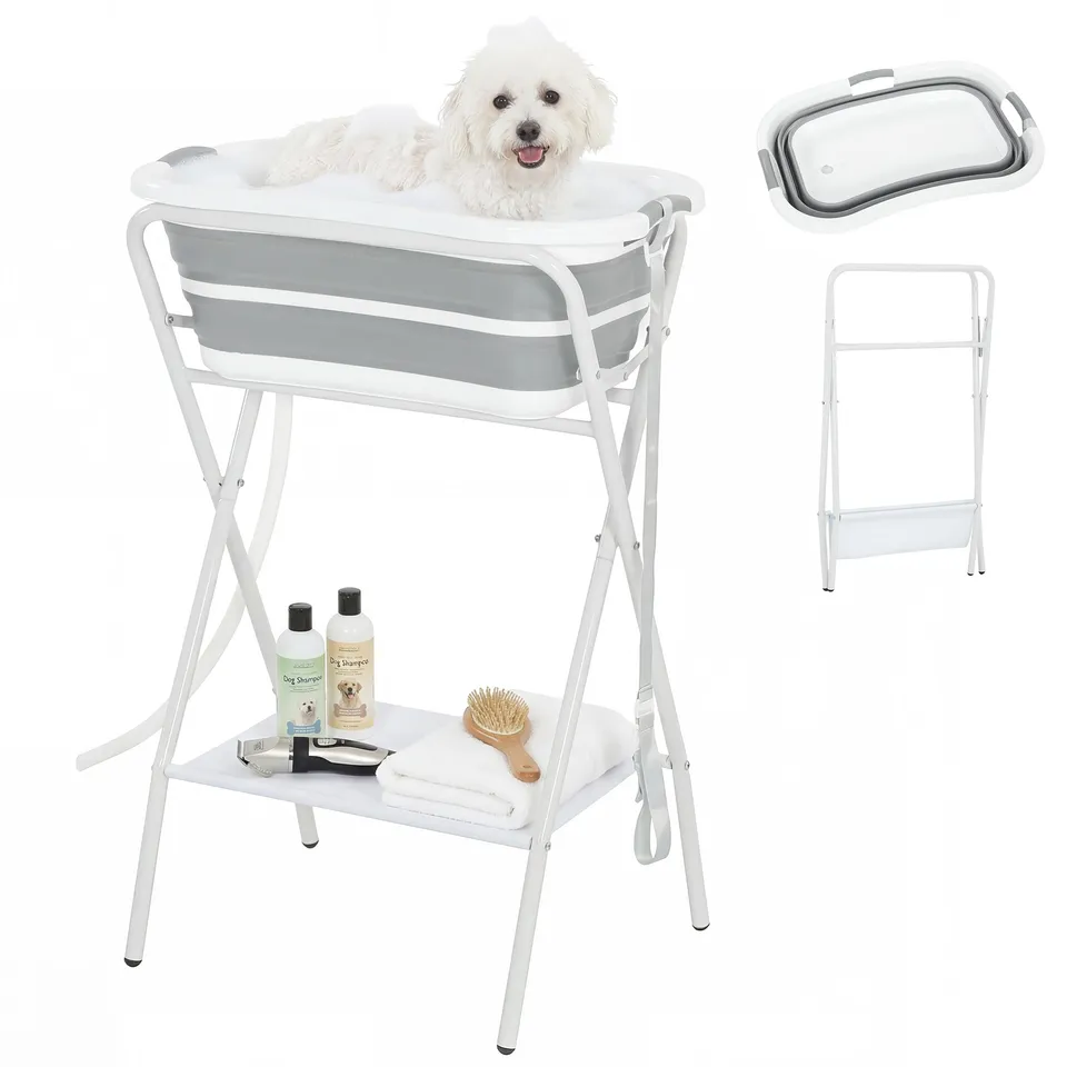 pawhut-baignoire-sur-lev-e-pliante-2-en-1-pour-petits-chiens-avec-tuyau-et-tag-r image 1