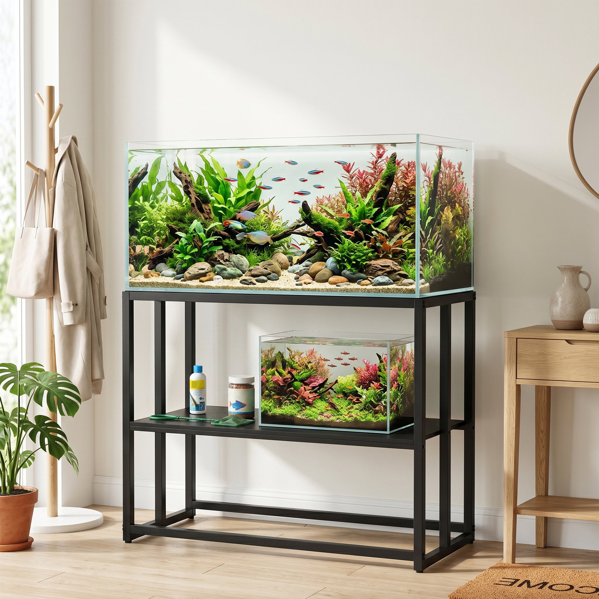 pawhut-meuble-support-aquarium-40-gallons-acier-avec-tag-re-93-x-47-x-76-cm-noir image 4