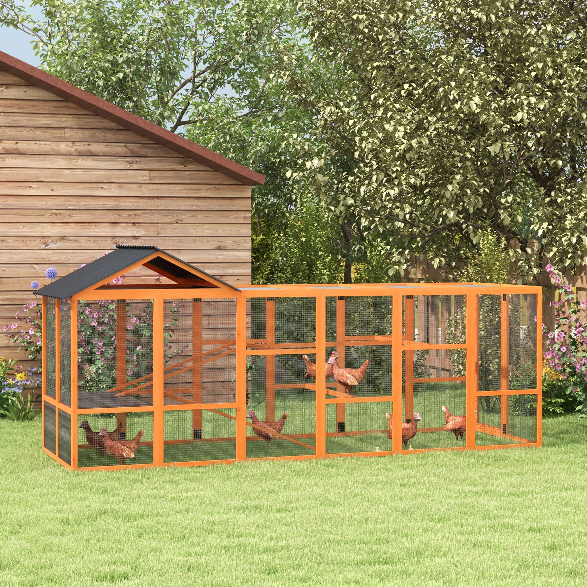 pawhut-enclos-poules-en-bois-avec-rangement-perchoirs-et-chelles-orange image 3