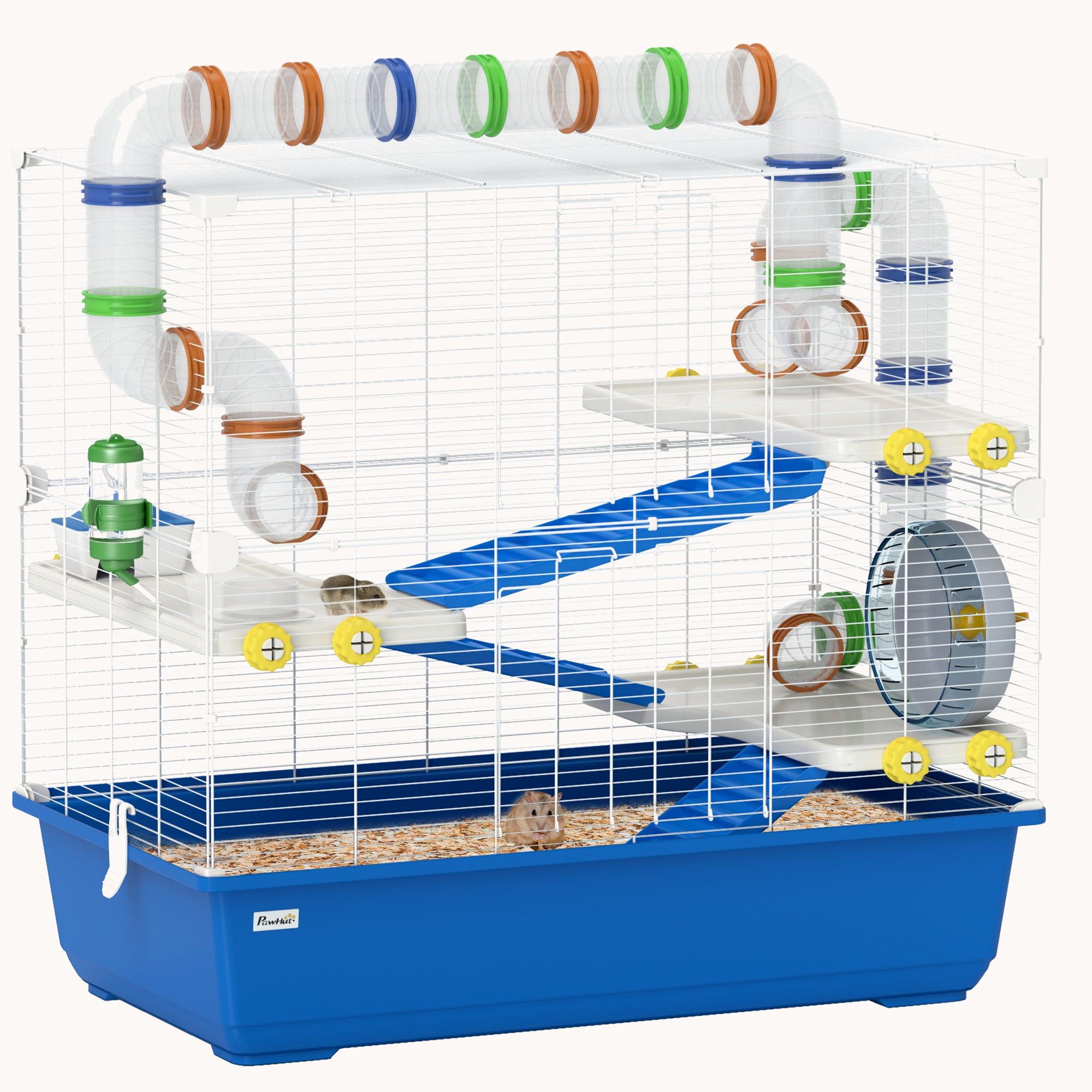pawhut-cage-hamster-4-tages-avec-tunnels-roue-et-cabane-bleu-78x45x73-cm image 1