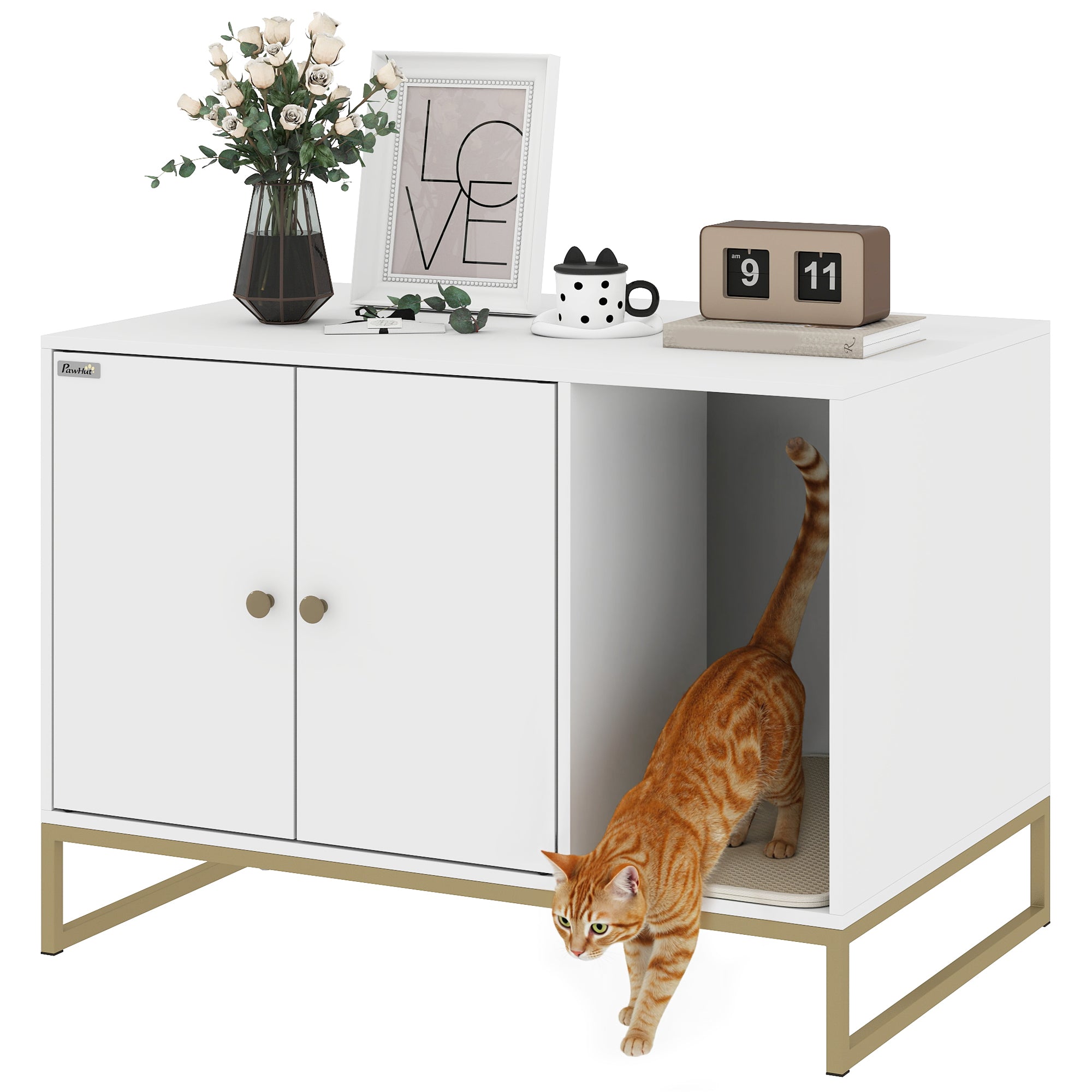 pawhut-meuble-liti-re-chat-cach-e-avec-tapis-et-rangement-blanc image 1