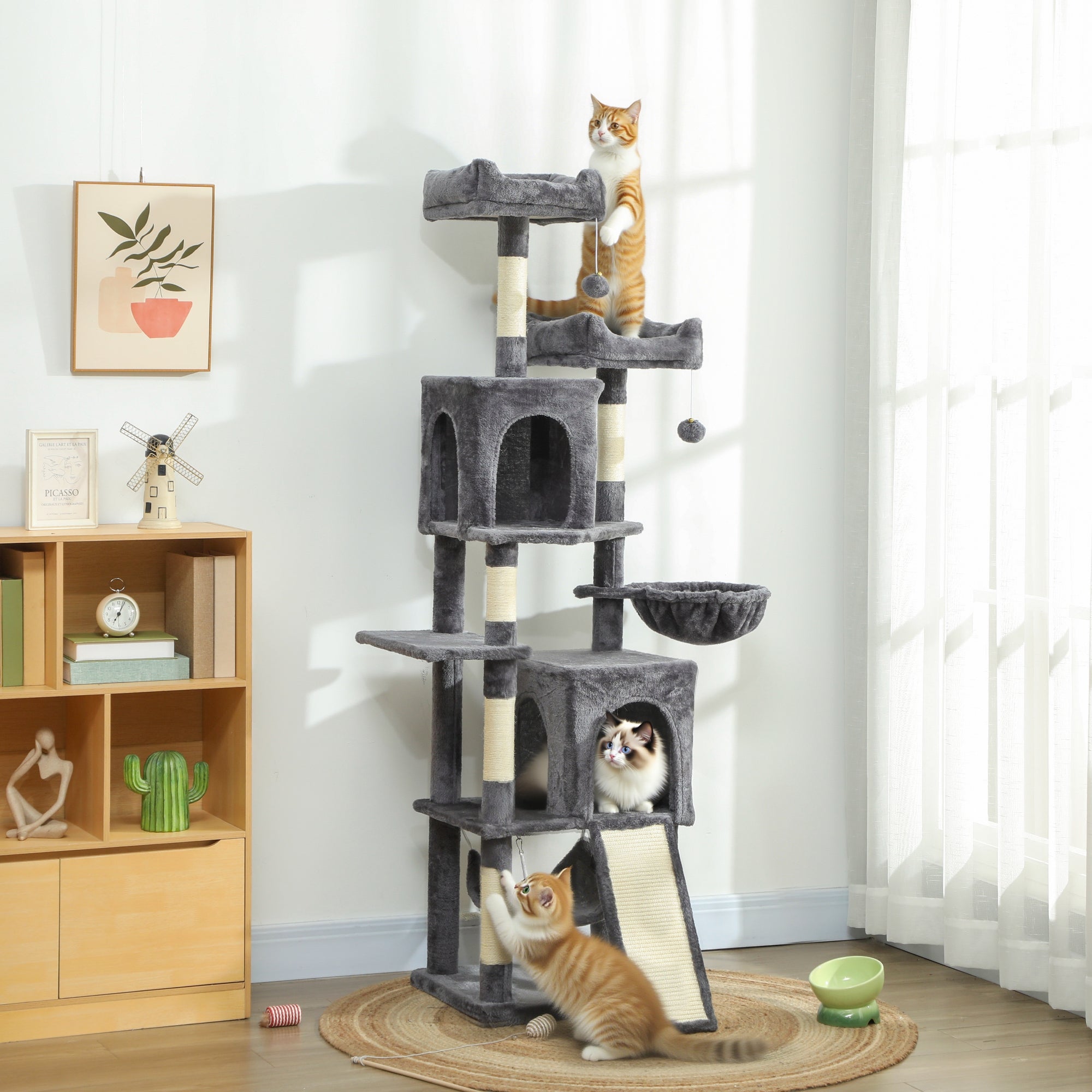 pawhut-arbre-chat-177-cm-avec-2-niches-2-perchoirs-et-hamac-gris-fonc image 3
